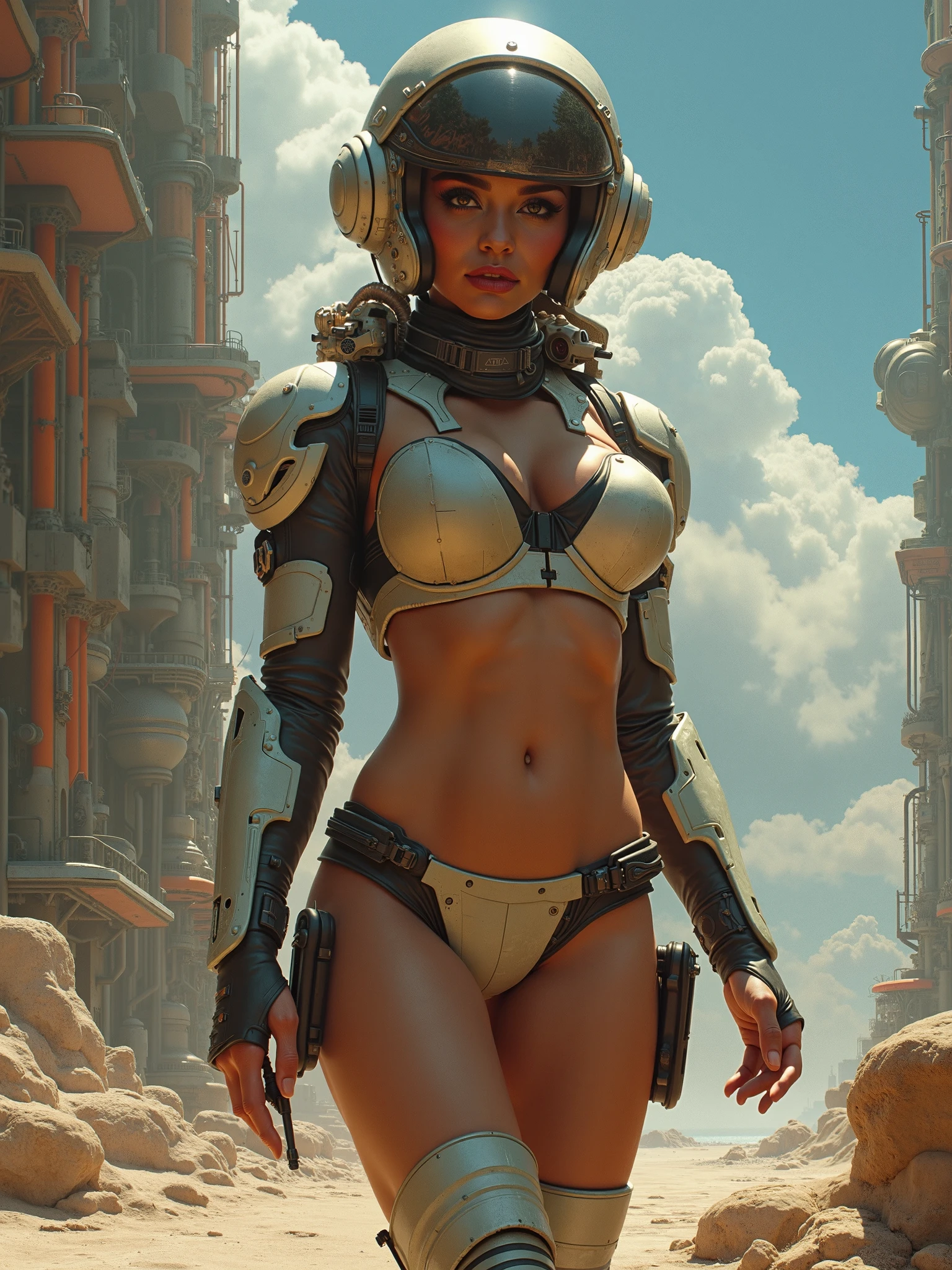 blond woman in short shorts and a short top standing in front of a group of robots, dan mumford and alex grey style, still from star wars, gill elvgren, girl clouds, steel armor, seventies era, taylor swift as princess leia, tom whalen 8 k --ar 16:9 --v 5.1