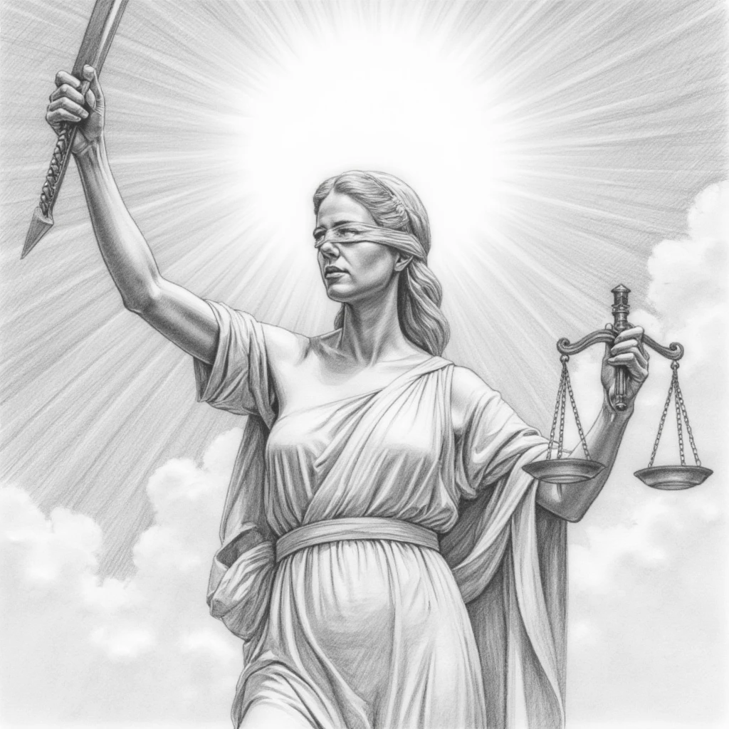 Pencil sketch. Black and white. Lady Justice in a white tunic holds a golden sword in her right hand, high above her head. In her other hand  she holds a libra, waist high. Her eyes are covered by a blindfold. God rays shine on her head.
Epic. Dramatic. Lyric. Clouds in the background. Ominous sky. Like heaven.