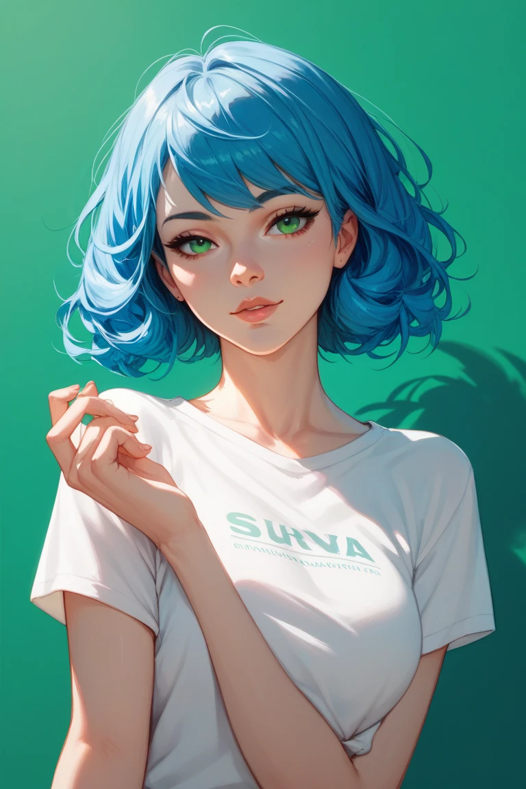 The face of a VERY BEAUTIFUL anime girl, makes a sexy face,.  blue hair.  white t-shirt.  beautiful hairstyle . shadows. green background
