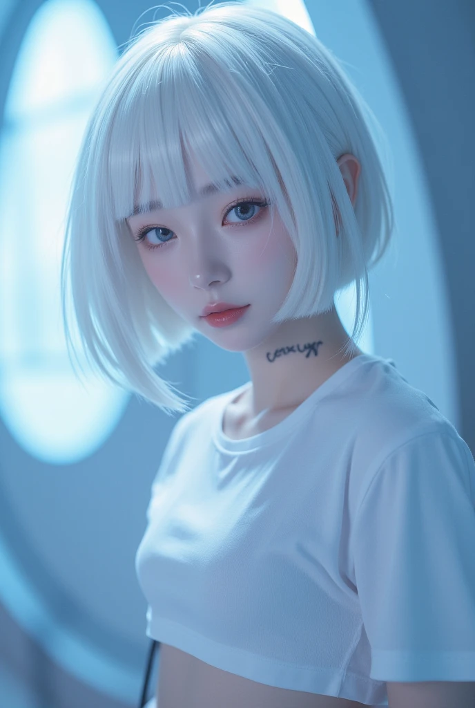 2B (Nier: Automata), close-up, white hair, bangs covering right eye, pale skin, light pink lips, wearing a white cropped t-shirt, blue light reflections, soft lighting, anime style, digital painting, highly detailed, trending on ArtStation, tattoo on her neck that reads "CNX LYN"