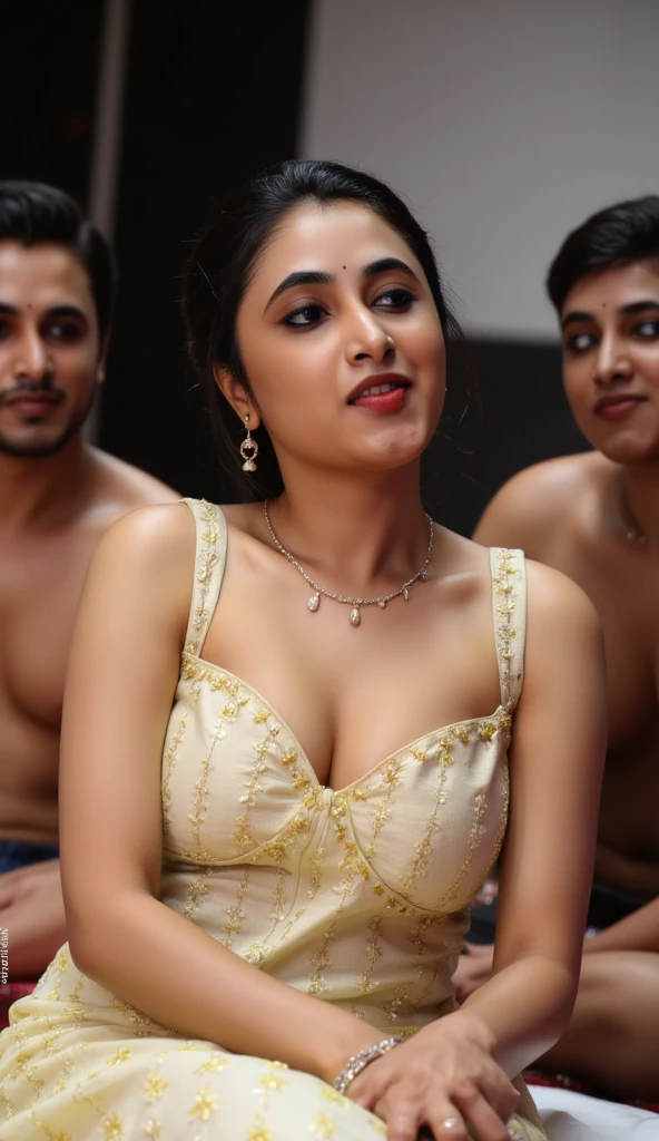 She's Indian wife, leaning on the bed, she's wearing a sexy nighty , camera angle low and wide shot, she's smiling at viewer, she's fully wet, mangala sutra on her neck, her face reaction is sexy and slutty, bright red lipstick, she's surrounded by two black muscle male people, , 