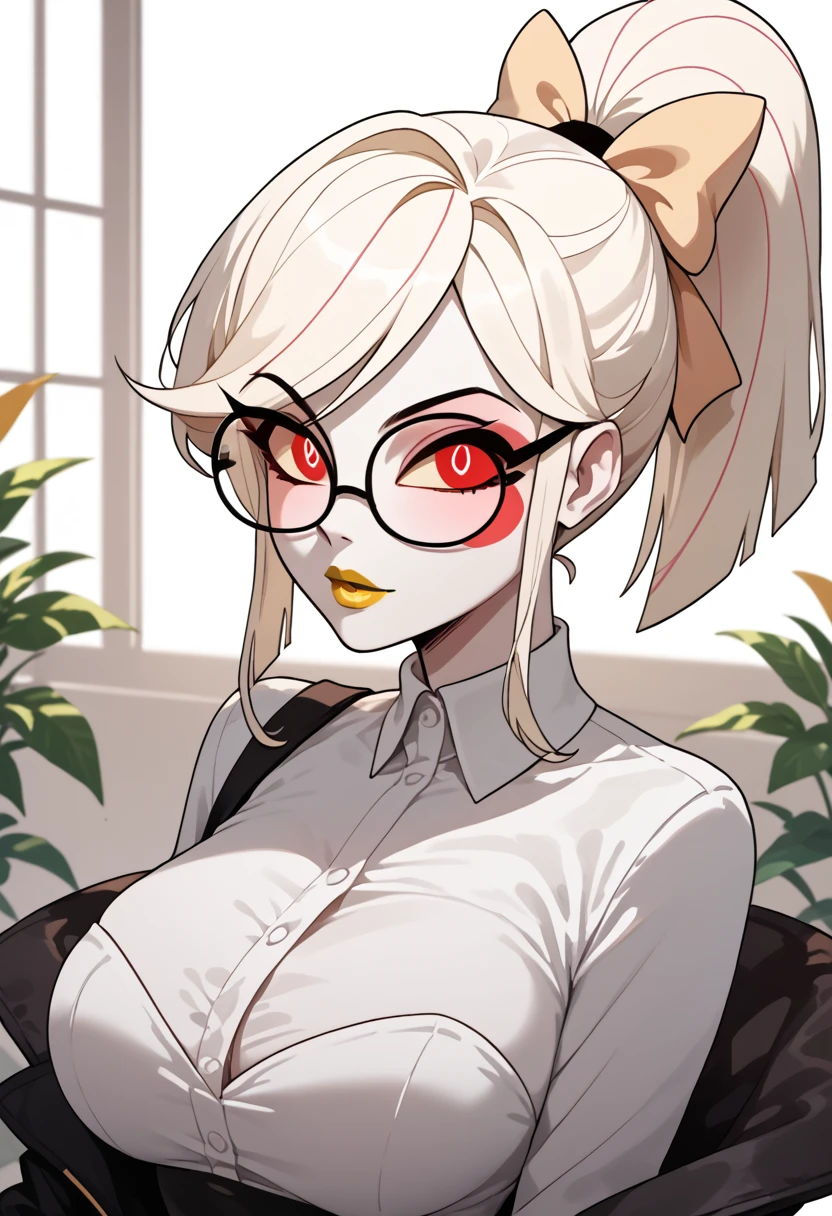 woman, big breasts, yellow lipstick, anime style, white eyes, white skin, white hair, glasses, ponytail, Hazbin Hotel, Odette Carmine, Red eyes