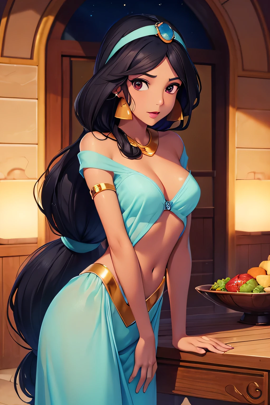 (8k, raw photo, masterpiece, extremely detailed, best quality, professional lighting, high res), BREAK beautiful and adorable girl, jasmine, jewelry, very long hair, dark hair, blue arabian clothes, wide pants, tiara, jewelry, very long hair, tanned skin, dark skin, BREAK arab, arabian night