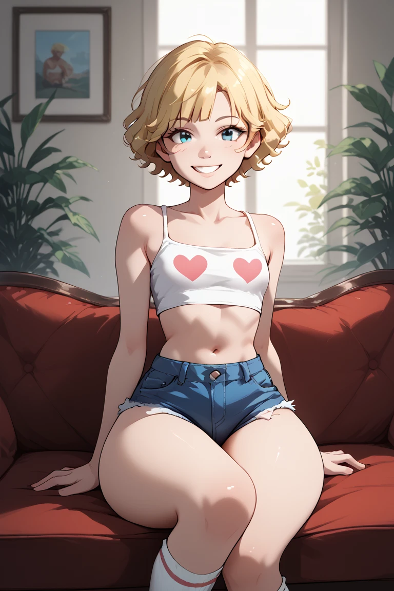 A normal human looking female boy, short blonde hair, blonde boy, curly hair boy, perfect human nose, fair skin, wide waist and ass, thick thighs, white 7x8 socks, mini denim shorts, white crop top, sexy smile, making heart with hands. boy sitting on sofa.