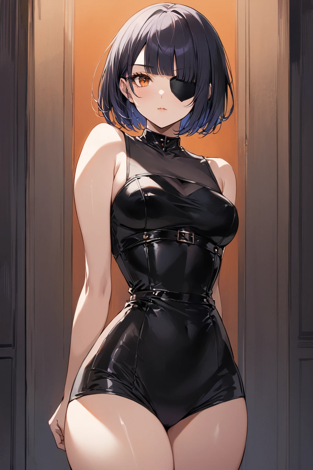 BDSM、Queen、mistress、(((One girl)))、solo、(((Black latex elbow gloves:1.4 )))、(((Black latex corset dress:1.4)))、(((The corset dress is decorated with beautiful lace.)))、(((Corset dress with shoulder straps)))、(((Black latex tight mini skirt:1.4)))、(((Black Thigh Boots)))、(((Black fishnet stockings:1.2 )))、(((Stiletto heels:1.4)))、(((Black latex panties)))、(((Black latex bra)))、(((Black leather collar)))、(((Sexy pose:1.4 )))、Wide-open legs:1.2、(((Erotic)))、(((Cowboy Shot)))、(((Sexy pose)))、Spread your legs、(((erotic)))、(((Cowboy Shot)))、(highest quality,masterpiece:1.3),1 girl、Kitora Ai, Short black hair、Purple eyes、amount, Expressionless、Cold Stare、blush