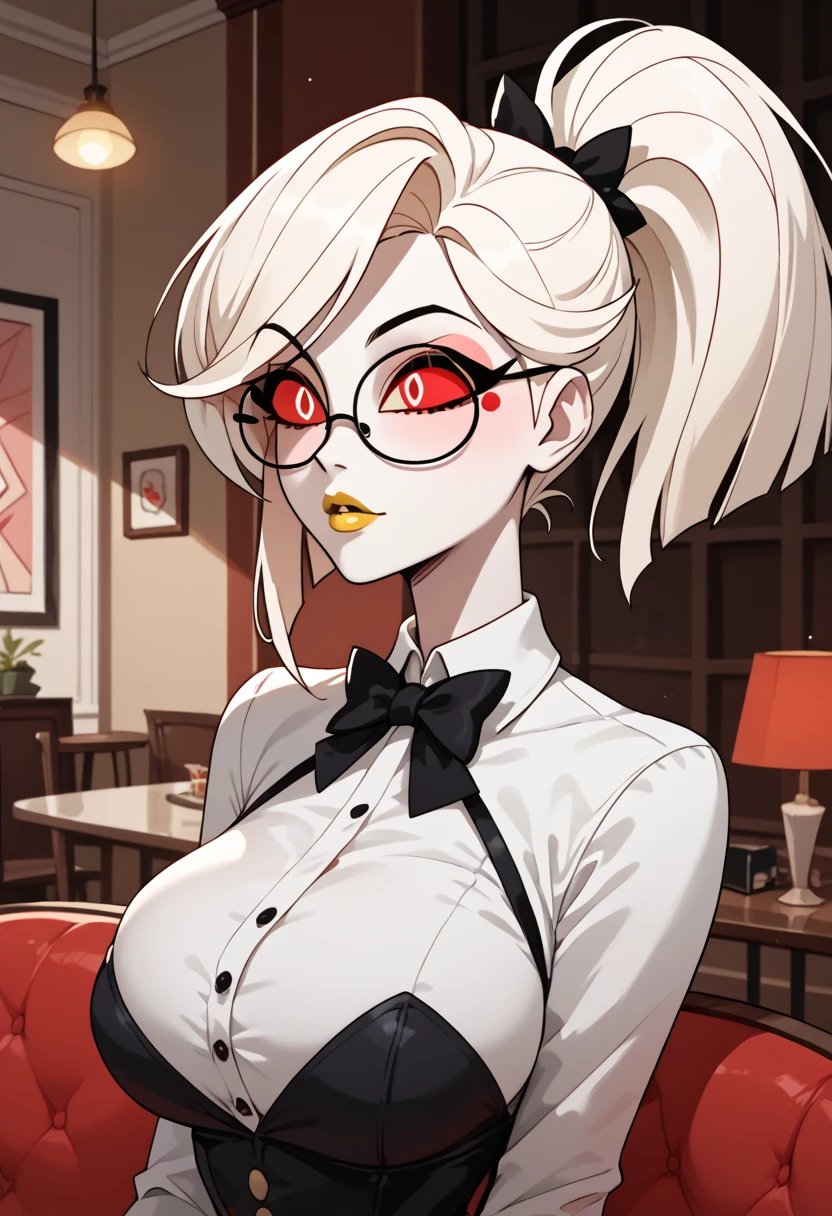 woman, big breasts, yellow lipstick, anime style, white eyes, white skin, white hair, glasses, ponytail, red eye background, Hazbin Hotel, Odette Carmine, Red eyes