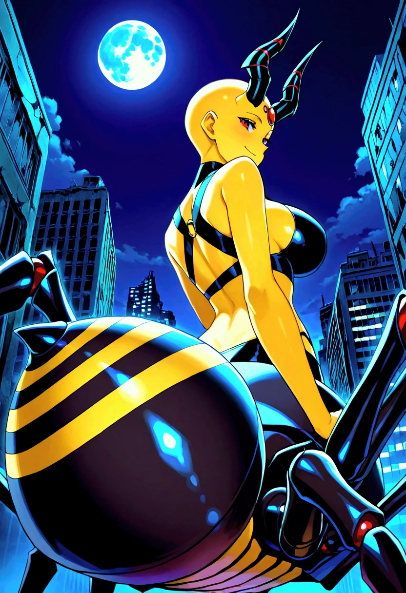 score_9,score_8_up,score_7, source anime, BREAK,1 girl, solo, mech spider girl, machine, arthropod girl, shoulder-less black mech suit, yellow skin, yellow body, long black demon_horn, insect_wings, bald, red-eyes, big large breasts honeycomb outline, black arachnid taur, wasp abdomen, midriff, night sky, post-apocalypse, crumbling city on background, late night, moon, dark alleyway, detailed face, sexy, neutral face, beautiful face, flawless face, detailed eyes, large eyes, looking at the viewer, close-up, portrait, low angle view, seductive, teasing, bedroom-eyes, first person view, front view, seductive pose, sexy pose, seducing, teasing, from behind, back, rear back,