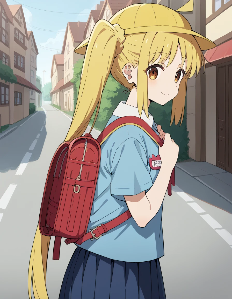 score_9, score_8_up, score_7_up, source_anime,  ,nijika ijichi, ahoge, yellow hair, brown eyes, long hair, side ponytail, ,, kindergarten uniform, school hat, yellow hat, randoseru, backpack, red bag, blue shirt, name tag, skirt, pleated skirt,, smile, street, houses, road, from side, looking at viewer, holding strap, cowboy shot,