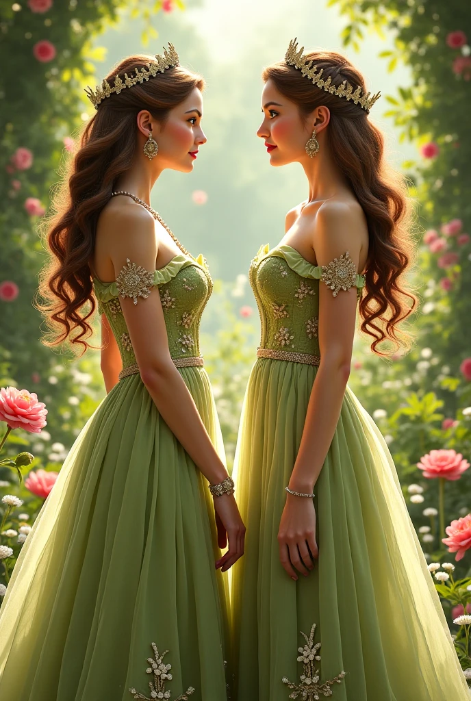 A beautiful 2 girl, in a forest, detailed face, beautiful green eyes, detailed lips, long eyelashes, beautiful detailed face, extravagant expression, walking through the forest, wearing a long dress made of leaf green voile fabric, adorned with flowers and dry leaves red, intricate gold thread details, sunlight filtered through the trees create a vibrant halo on the silhouette, green orb of energy between hands, lush vegetation, flowers, vibrant colors, photorealistic, highly detailed, 8k, cinematic lighting, dramatic lighting , fantasy art, digital painting, masterpiece