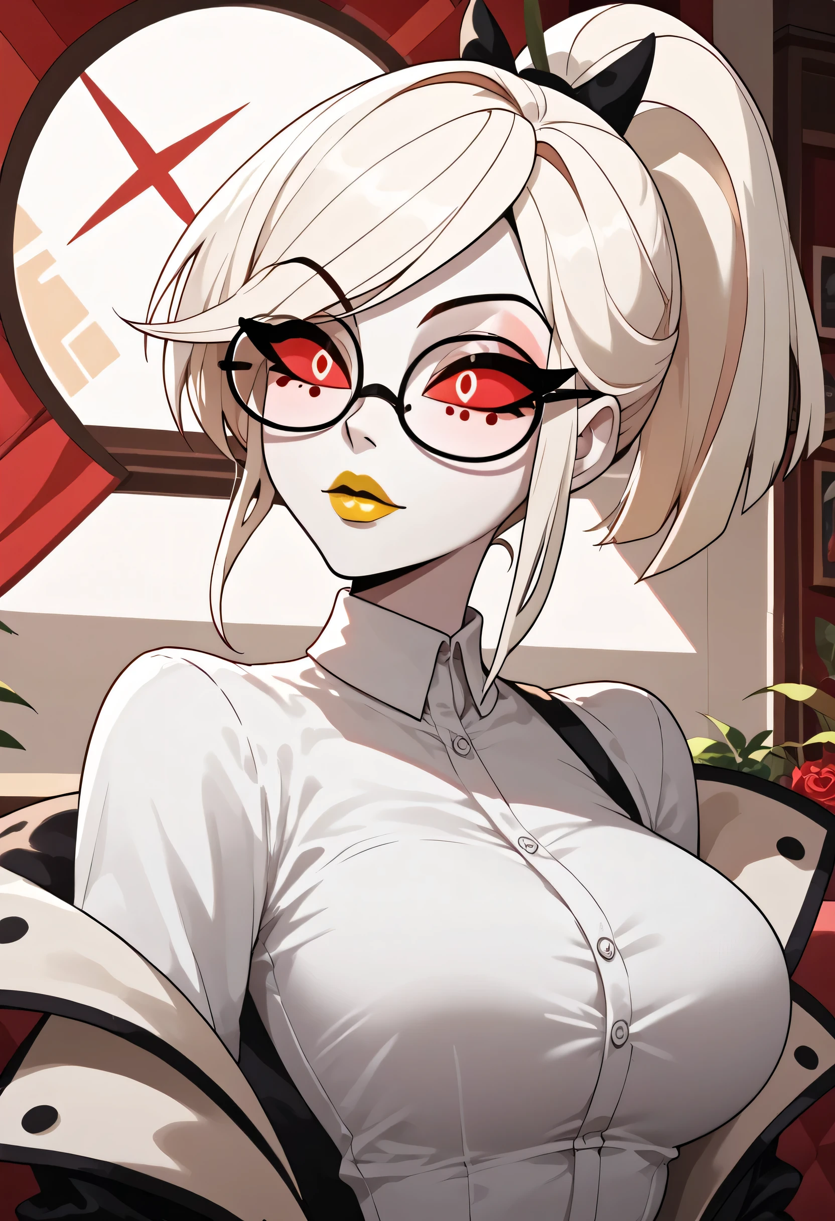 woman, big breasts, yellow lipstick, anime style, white eyes, white skin, white hair, glasses, ponytail, red eye background, Hazbin Hotel, Odette Carmine, Red eyes