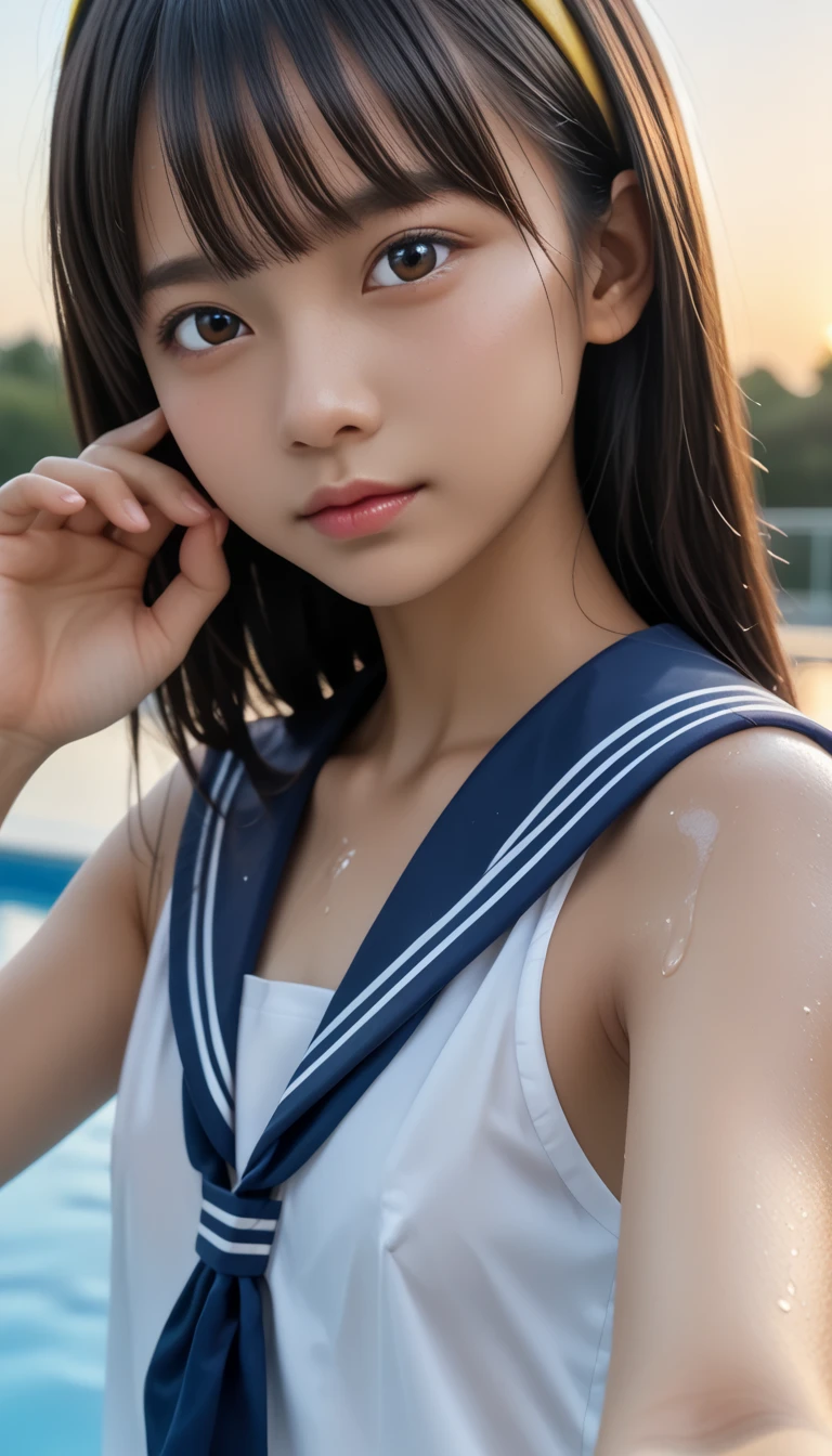 (One Girl), Very cute face, Great face and eyes, (Highly detailed eyes, Highly detailed face), Fresh, Very beautiful appearance, (Ultra-realistic, High resolution), (highest quality:1.4), RAW Photos, (Realistic, Realistic:1.37), Professional photography , (Wet and see-through sailor uniform:1.1)  , Smile a little, (look at me) , Portrait of a Girl  , (gigantic breasts:1.3)   , ((()))   , (short hair:0.9) , (wavy hair:1.3) , (Nipples visible through sailor uniform:1.3) , (Pussy juice:1.3) , (Please tilt your head a little) , Perfect nipples , ((Nipples are light pink )) , ((light pink areola))  , (Put your arms behind your head:1.3) , (The man is licking her nipples:1.4) , (sweating cleavage:1.2) , (sperm on her breasts ) , (small nipples) , ( one hairpin ) , (little girl: 