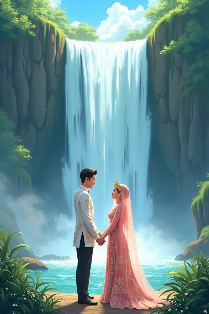 Waterfall image with anime artstyle with a pair of husband and bride muslim
