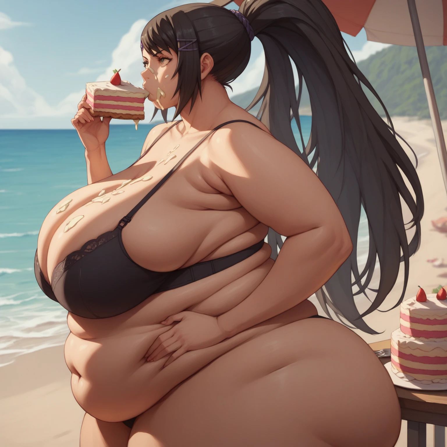 A young woman in a bikini found being force fed to obesity, massive bloated overstuffed belly, massive bulging fat heavy breasts,