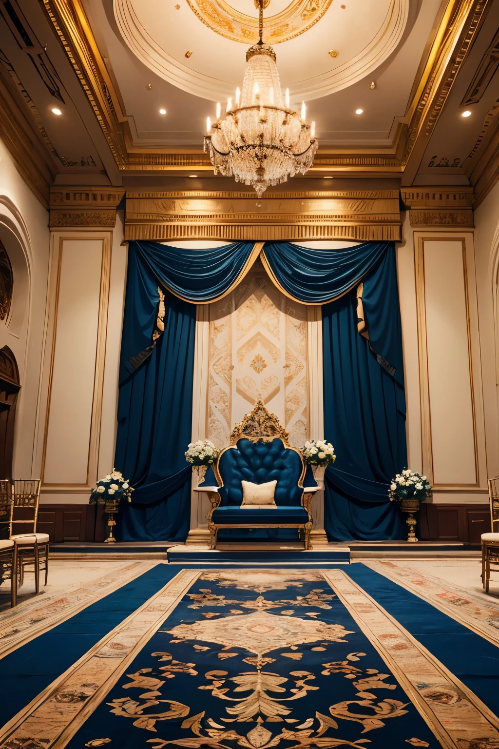 Create an image of a grand castle ballroom, with elegant, high white walls adorned with intricate blue and white details. At the far end of the room, there is an altar with a majestic throne, designed with elaborate patterns in shades of blue and white. The throne should look regal and luxurious, fit for royalty. The floor is covered with rich blue carpets, adding a sense of warmth and grandeur to the room. Soft light filters through the large windows, casting a serene atmosphere over the entire space
