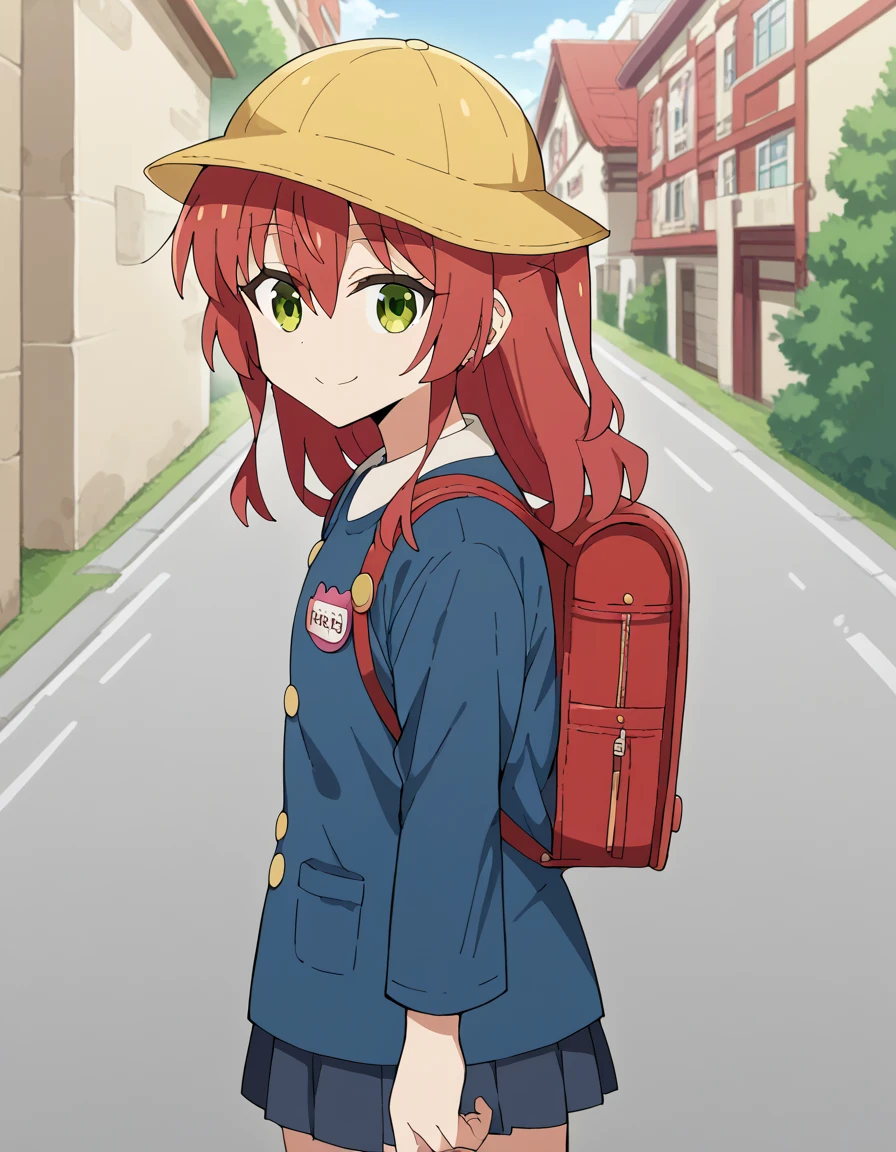 score_9, score_8_up, score_7_up, source_anime,  , ikuyo kita, green eyes, hair between eyes, long hair, one side up, red hair,  ,, kindergarten uniform, school hat, yellow hat, randoseru, backpack, red bag, blue shirt, name tag, skirt, pleated skirt,, smile, street, houses, road, from side, looking at viewer, holding strap, cowboy shot,