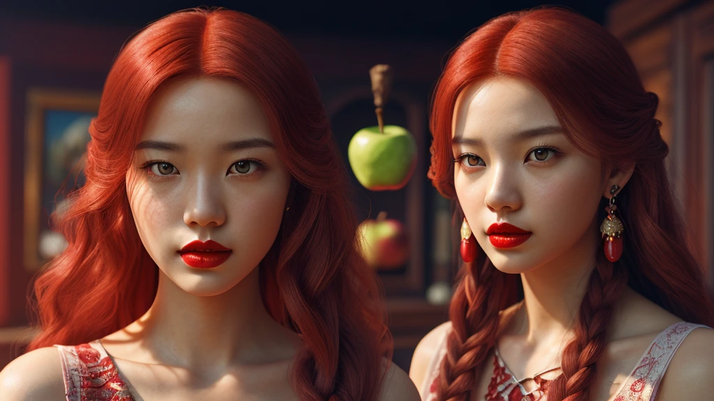 ((RAW photos)， absurd，( absurd分辨率))，  masterpiece ，  Better quality ，(  Extremely detailed 8k CG Unity wallpaper  )，( best illustration)，( Better Shade )， realistic lighting， Detailed beauty and brilliance ，(( 21 years old ))，girl， long red hair， Accessories ，holding apple ，poison apple ，witch queen，  red lipstick，(((Your photographic perspective)))