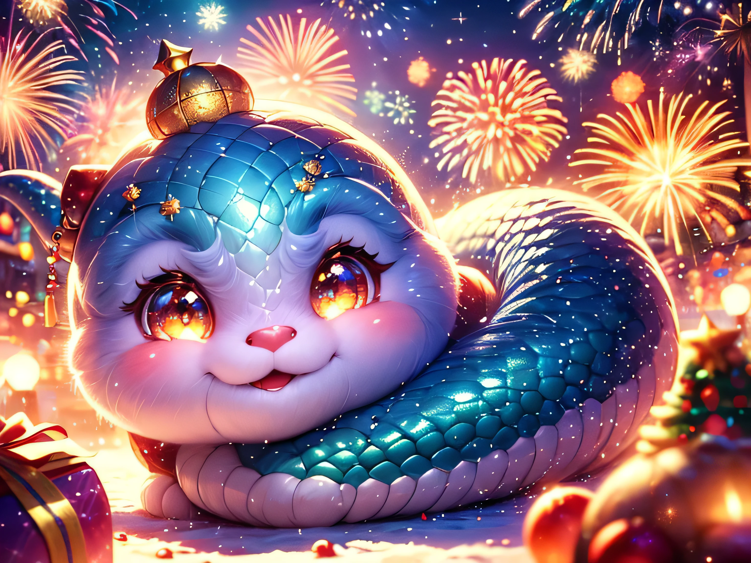 Magical Fantasy Creature, (Best Quality, Masterpiece, Representative Work, Official Art, Professional, Super Detailed, 8k:1.3), (Photorealism:1.2) Hyperrealistic fantasy art. Medium shot. Highly textured, hyperrealistic 3D render, Super Cute, A very cute little snake, curved in an "S" shape, with brightly colored scales. It wears a Santa hat on its head, giving it a playful and festive look. The snake sits on a snowy surface, its head raised, looking with delight at the sparkling fireworks exploding in the Christmas sky. The snake's eyes are large and full of admiration, reflecting the lights of the fireworks. in a bright and cheerful illustration style, with an emphasis on the cute features of the snake. rich and cheerful colors for the scales: a combination of green, red and white. The fireworks should be bright and varied, including gold and silver tones, creating a festive atmosphere. Convey a sense of joy and magic. The snake should look happy and excited, so that the viewer feels the atmosphere of the New Year holiday and magic. The background should be a night sky filled with bright fireworks that sparkle and develop in various shapes. Add snowdrifts and a few decorated Christmas trees to create a cozy and festive atmosphere. Soft focus with a soft volumetric glow. Gouves style artwork, Realism: 1.37, (super fine fantasy art), Masterpiece, high quality design and accurate physics, (super accurate fantasy style)) art, dark fantasy style)), super accurate design and accurate physics), color, depth of field, shadows, ray tracing, (accurate simulation of the interaction of light and materials)], intricate Christmas decorations, glowing garlands, sparkling ornaments, natural light, soft background, photorealistic, sparkling eyes, sharp focus, glowing skin, cute and mischievous look, hint of mischief, dreamy atmosphere, super glossy effect, fine details, soft ambient light, (Backlight: 1.3), (Cinematic: 1.2), intricate details, (ArtStation: 1.3)