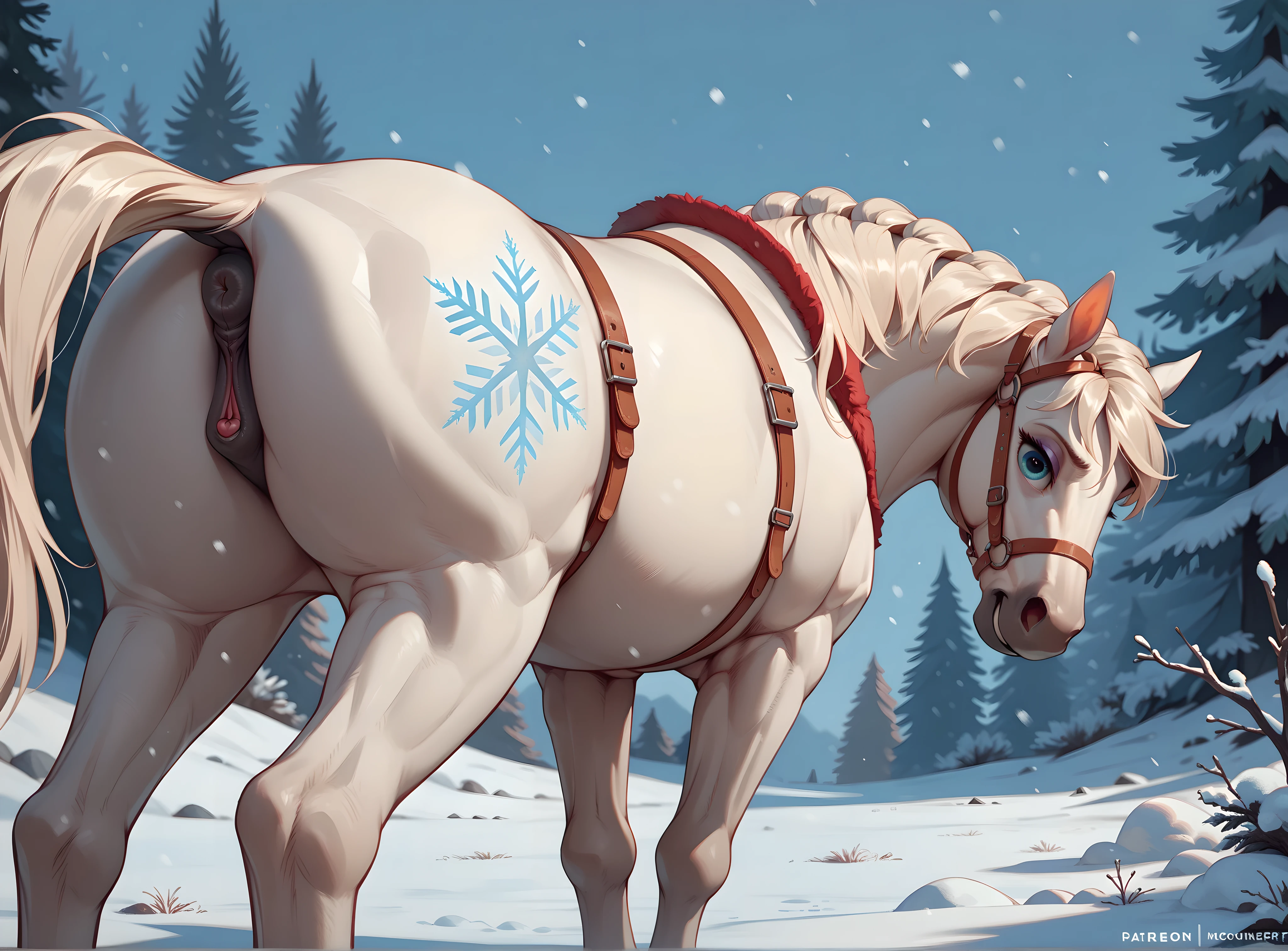 score_9, score_8_up, score_7_up, score_6_up, feral horse mare, standing, equine pussy, erect clitoris, frozen , winter, snowy storm, on the field, looking at the viewer, butt focus, white fur, pink pussy, panties