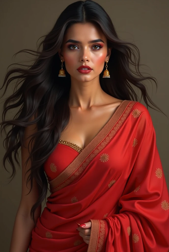 1 girl in, 20 year, standing alone, long hair, Indian, looking ahead at viewer, hair Brunette, greeneyes, jewerly, whole body, a necklace, Saree, realisitic, A sexy, big boobies