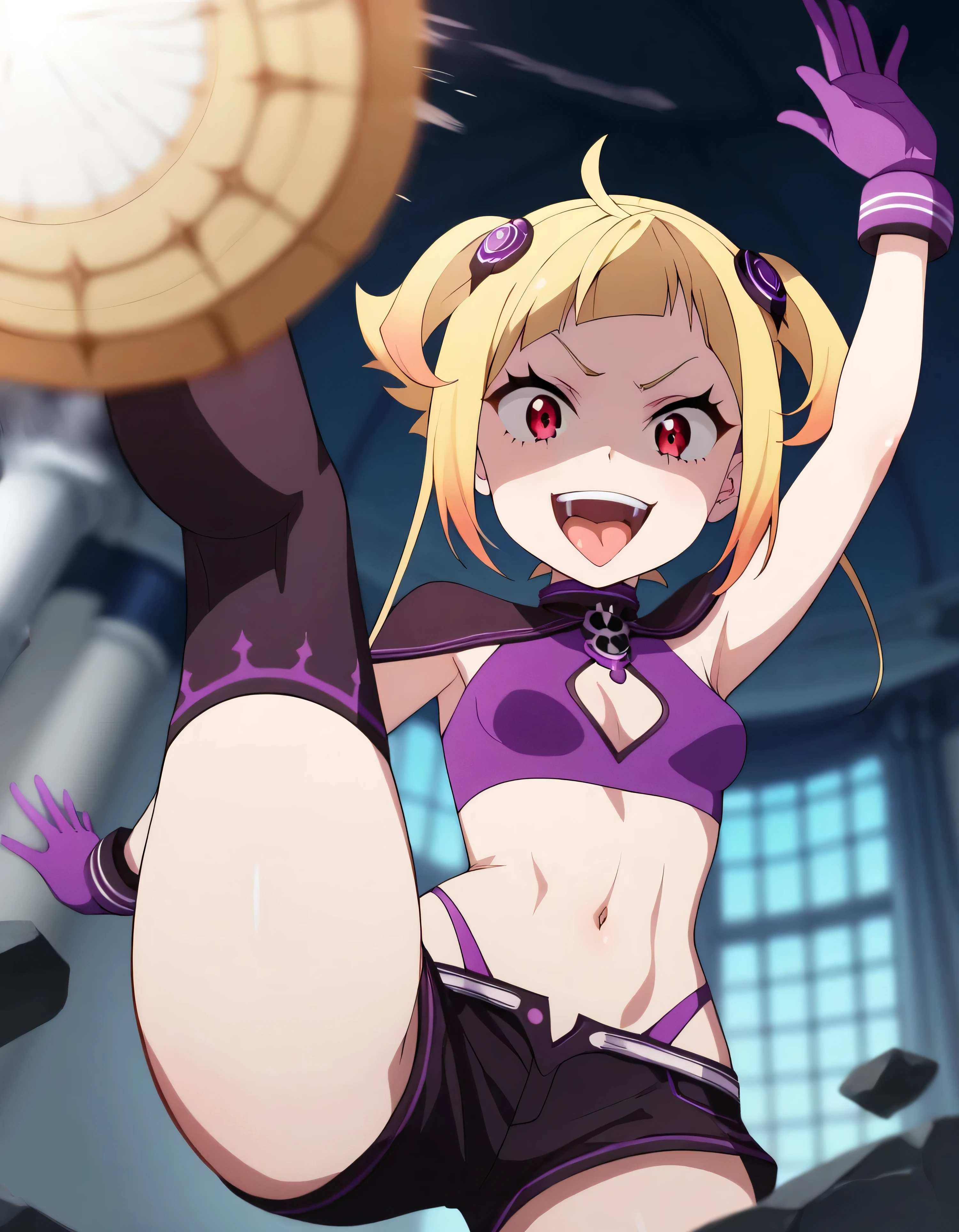 ((cat-woman hybrid, Onri style anime, best quality:1.5, high resolution:1.2, ultra-detailed:1.0, 8K:1.0), beautiful feline features, humanoid body, intricate details, fur texture, pointy ears, cat ears headband, revealing outfit, red lips, alluring pose, (put paws on hips:1.5), seductive expression, (purr:1.2), curveplenty, (eastern design:1.2), Night background, Alleyway, (Thick outlines:1.5), (Colorful:1.5), Shadows, Detailed tattoos, (slit
