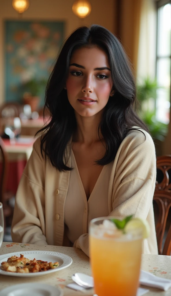 A sophisticated woman, 18 blonde years old, standing at 1.65 meters tall. Her luxurious black hair, streaked with elegant silver, perfectly complements her striking green eyes. Her face, youthful yet mature, radiates wisdom and grace. Location: A cozy café with soft, natural lighting and a warm ambiance. Pose: Only her face is visible as she sits at a table, looking directly into the camera with a serene smile. The soft lighting highlights her features, creating an aura of tranquility and timeless Portrait close at camera so close at camera