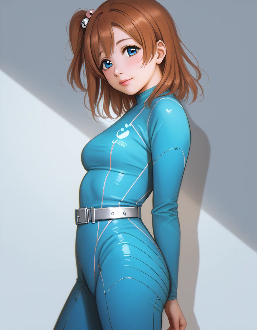 (Masterpiece, Best Quality, High Quality), anime style, love live, honoka kousaka, (blue eyes), brown hair, kousaka honoka, medium hair, 8k wallpaper,looking_at_viewer, perfect shadow, beautiful,cozy , p4l0m4, cowboy shot, scientific bodysuit,silver belt, from side , posing