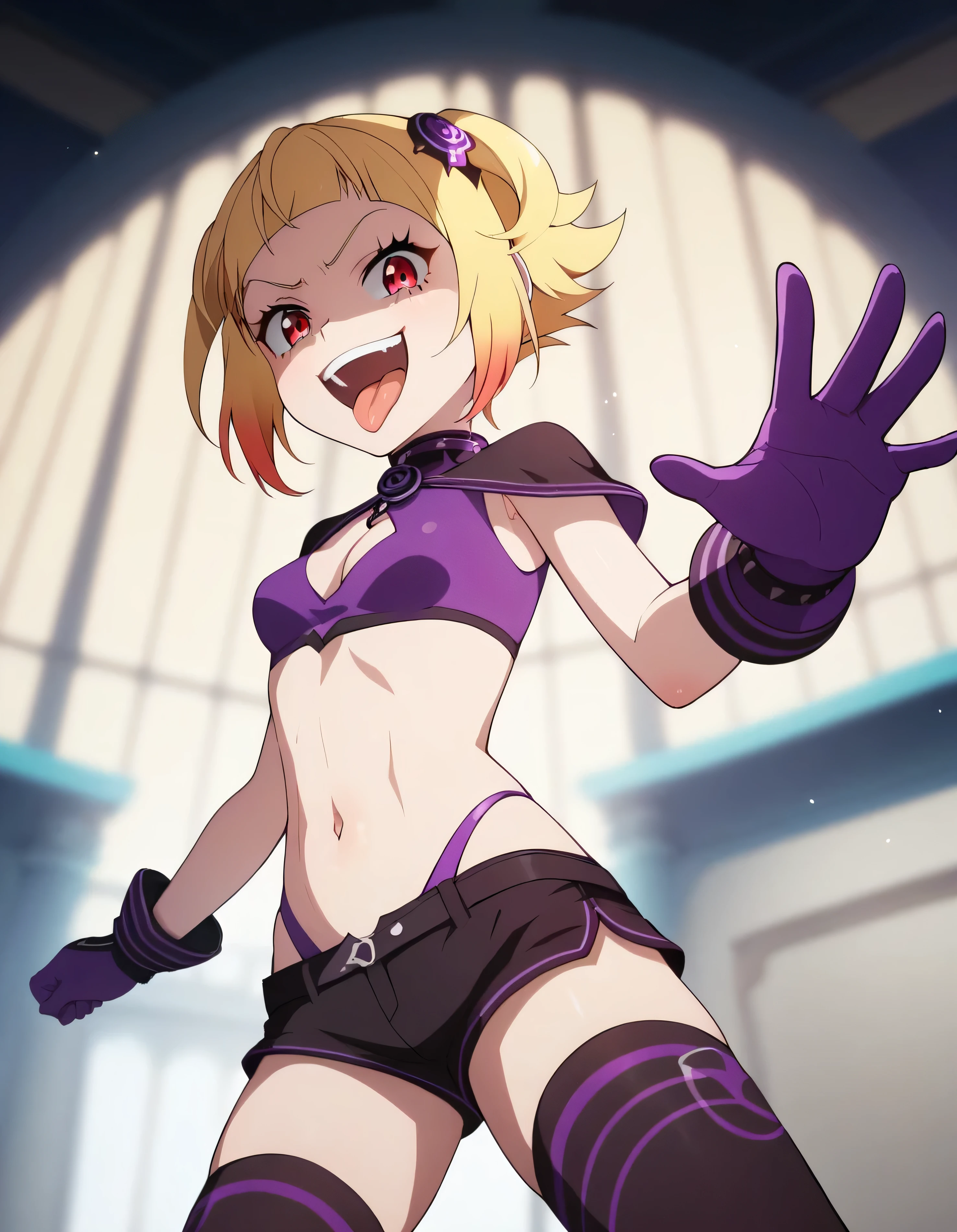 masterpiece, best quality, good quality, newest, CEL, AnFit, red eyes, blonde hair, purple crop top, 1girl, tongue out, black thighhighs, looking at viewer, purple gloves, cowboy shot, short shorts, black shorts, small breasts, highleg panties, hair ornament, , underwear, , panty straps, smile, cleavage cutout, , open mouth, purple panties, two-tone , pink gloves, sidelocks, outline1girl, blonde hair,masterpiece , best quality, , lookin under, ,, smile, purple brassiere, from below,too evil laugh, small girl,small loli,beautiful body,villain pose,short hair,shaded face(eyes in shadow),1girl,violence,attack,kick,evil darkness background,five fingers,