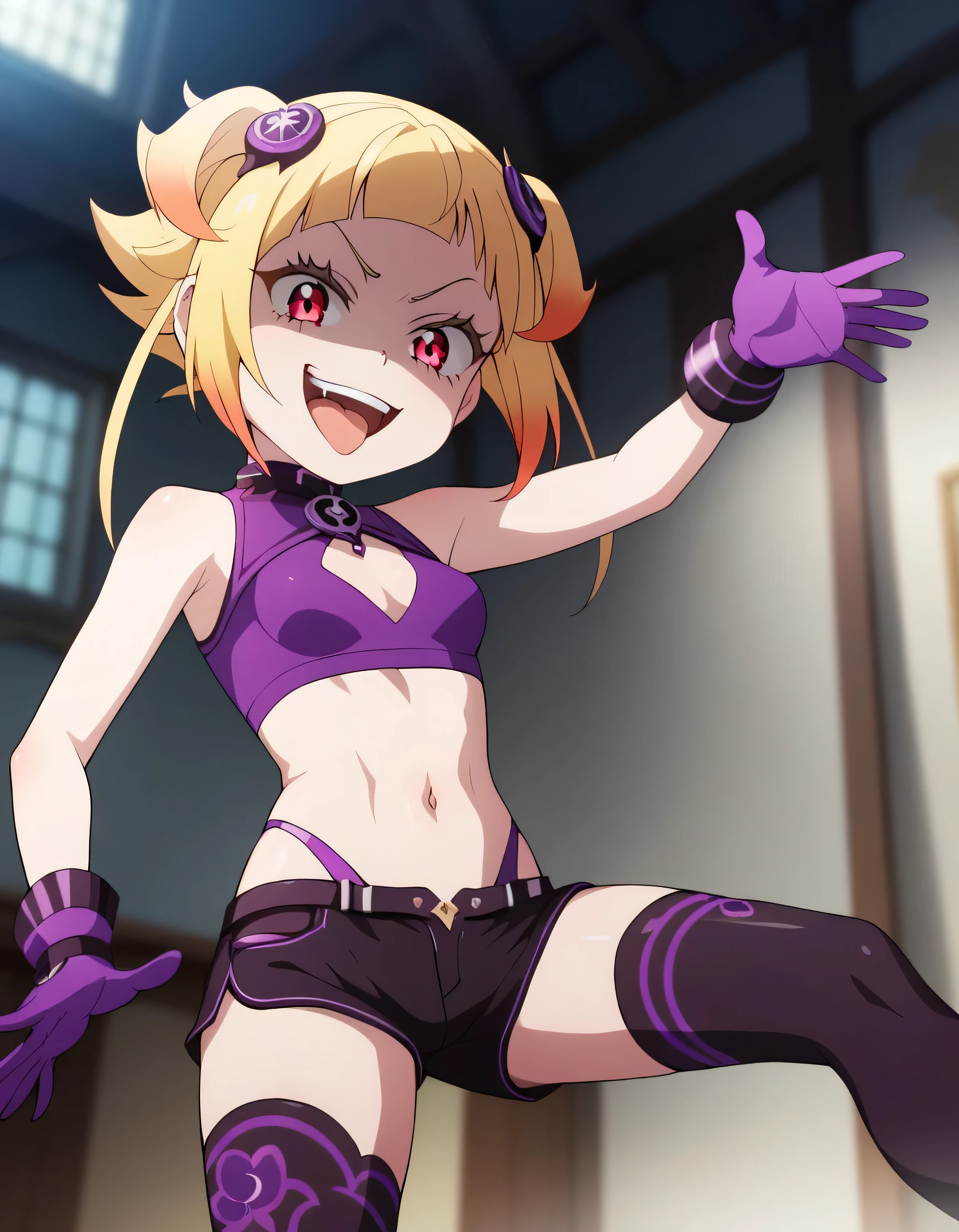 masterpiece, best quality, good quality, newest, CEL, AnFit, red eyes, blonde hair, purple crop top, 1girl, tongue out, black thighhighs, looking at viewer, purple gloves, cowboy shot, short shorts, black shorts, small breasts, highleg panties, hair ornament, , underwear, , panty straps, smile, cleavage cutout, , open mouth, purple panties, two-tone , pink gloves, sidelocks, outline1girl, blonde hair,masterpiece , best quality, , lookin under, ,, smile, purple brassiere, from below,too evil laugh, ,small loliul body,villain pose,short hair,shaded face(eyes in shadow),1girl,violence,attack,kick,evil darkness background,five fingers,