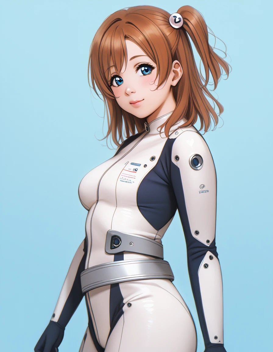 (Masterpiece, Best Quality, High Quality), anime style, love live, honoka kousaka, (blue eyes), brown hair, kousaka honoka, medium hair, 8k wallpaper,looking_at_viewer, perfect shadow, beautiful,cozy , p4l0m4, cowboy shot, scientific bodysuit,silver belt, from side , posing, medium breasts