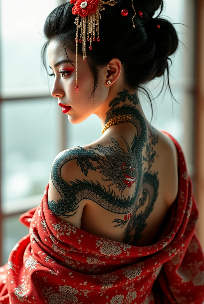 Woman dragon tatoo on her hand, black hair, wearing red gawn, masterpiece, intricate detail, 8k hires, volumetric lighting, ultra delicate and beautiful