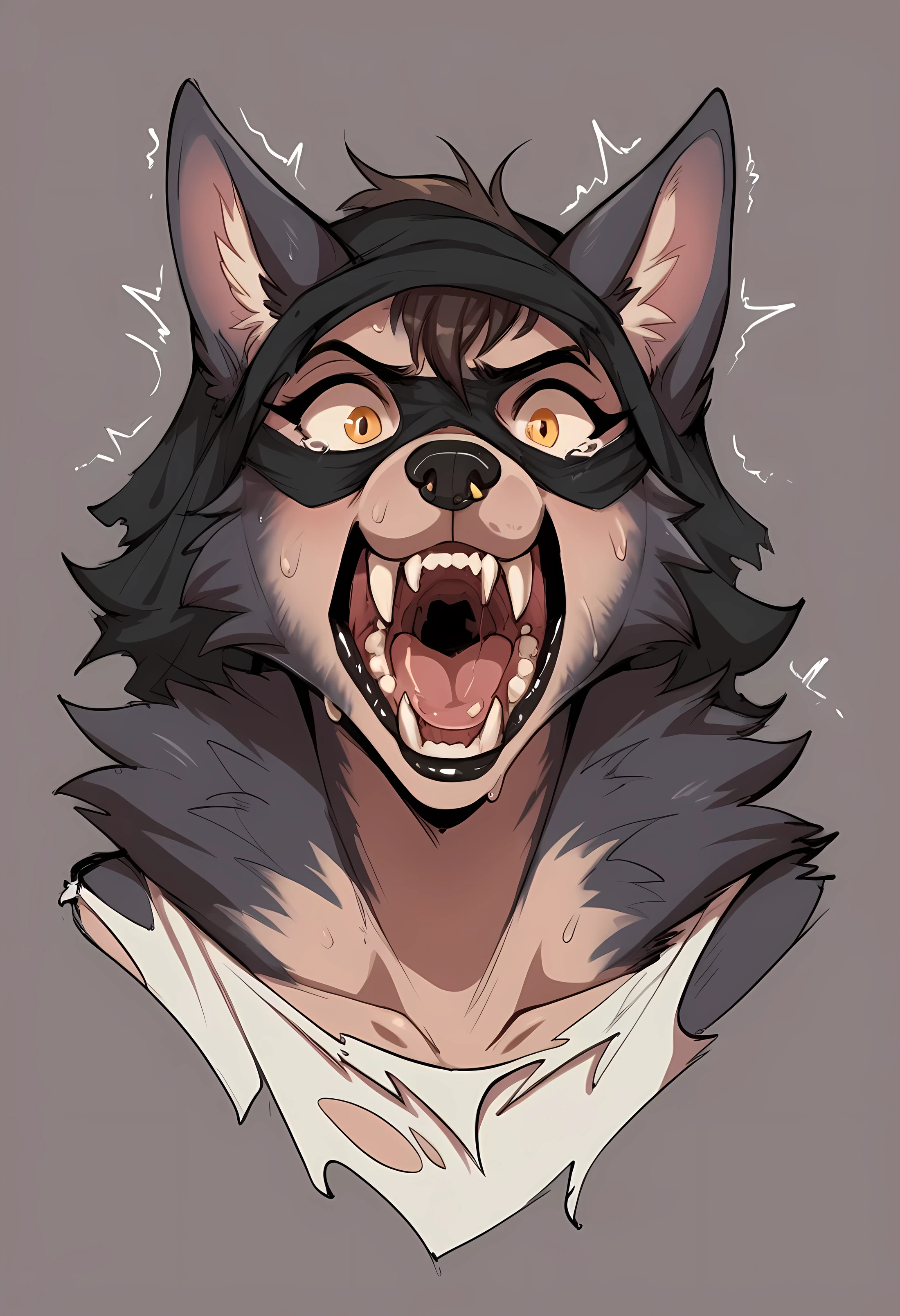 Werewolf transformation, [human: wolf: 0.6], [arms: paws:0.8], fangs:0.8, female, [human skin: fur: 0.5], [human face: snout:0.4], wolf nose, detailed fur, shaking:0.9, weeping, sweating, slobbering, in pain:0.8, scared:0.8, confused:0.8, torn clothes:1.1, deep night, darkness, (illustration, masterpiece, fantasy, deep shades, ultra detailed)