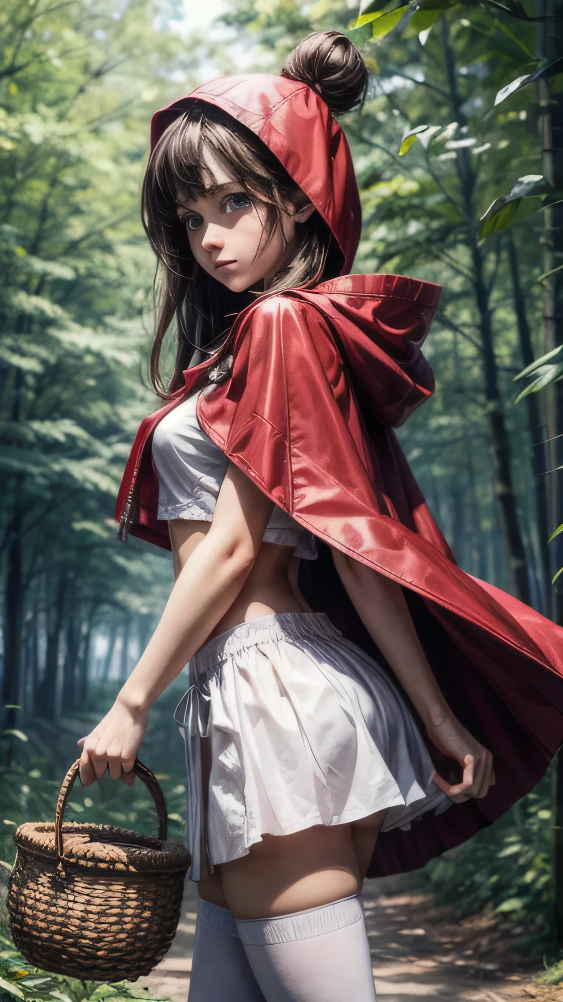 UHD 8K scene, hyper-real photo quality, beautiful young woman, red hair, bright blue eyes, short pink dress with thief outfit, purple hooded cape, character Sheila from Dungeons and Dragons, in the middle of a forest, (very short skirt), (showing panties: 1.3), (white panties), (cameltoe: 1.3), 