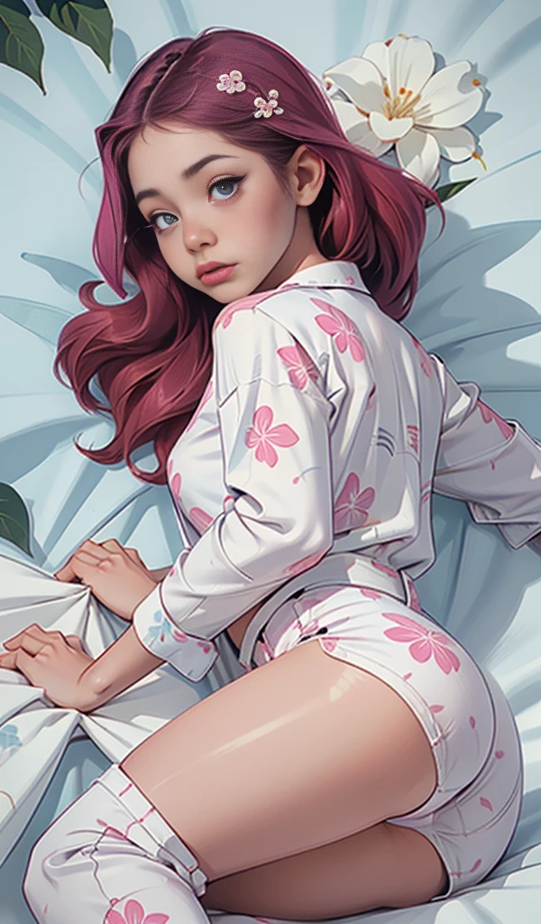 (( maSterpiece,  top quality,  high reSolution,  Fondo de pantalla unificado de 8K muy detallado  )),  beautiful JapaneSe girl ,  AweSome JapaneSe girl ,  Acostado en la cama , ( Lying in white SheetS ,  He wearS an overSized Shirt and pajama pantS with a pink floral print.:1.5), S, luz de luna, Night Situation,  dormitorio, High brightneSS light, More detailS, Sleepy eyeS, Saggy breaSt,  gran trasero,  viSible thighS,  Seen from behind, The buttockS are emphaSized,  Showing her aSS,  Tumbado (SpreadS her legS), propenso,  Shallow depth of field  