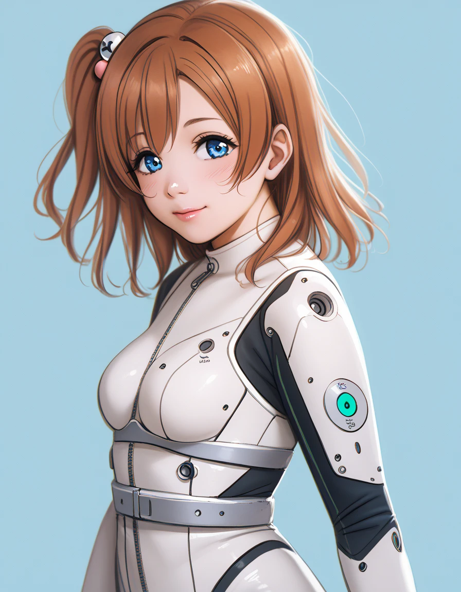 (Masterpiece, Best Quality, High Quality), anime style, love live, honoka kousaka, (blue eyes), brown hair, kousaka honoka, medium hair, 8k wallpaper,looking_at_viewer, perfect shadow, beautiful,cozy , p4l0m4, cowboy shot, scientific bodysuit,silver belt, from side , posing, sharp robotic breasts