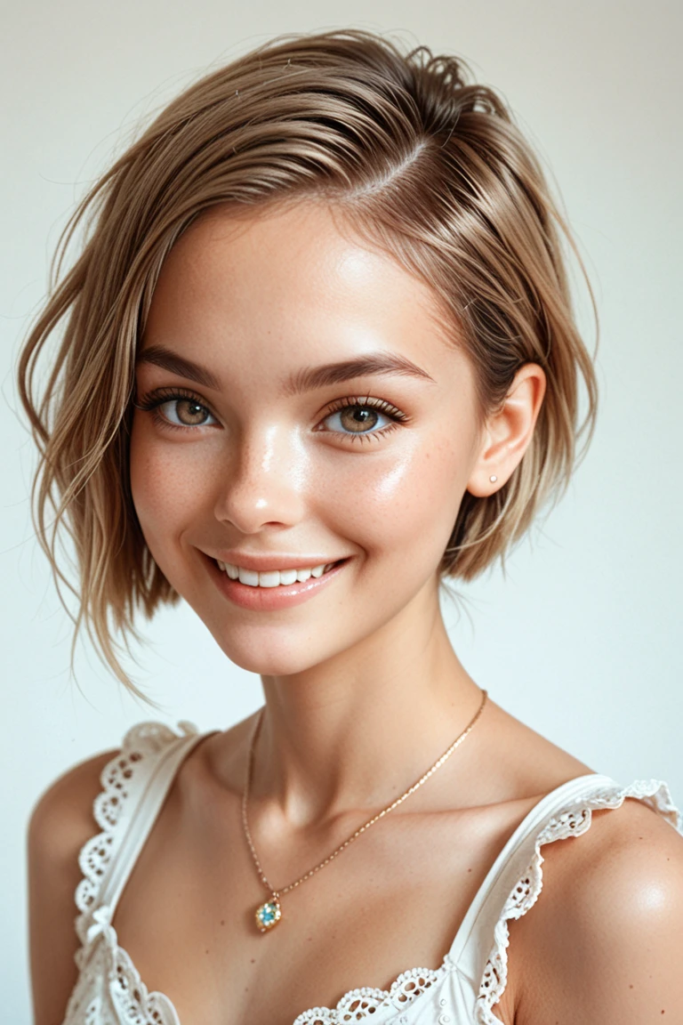 Young ite light brown ,  clear eyes,  soft skin and charming smile ,  with a sexy body and a low-cut mini blouse