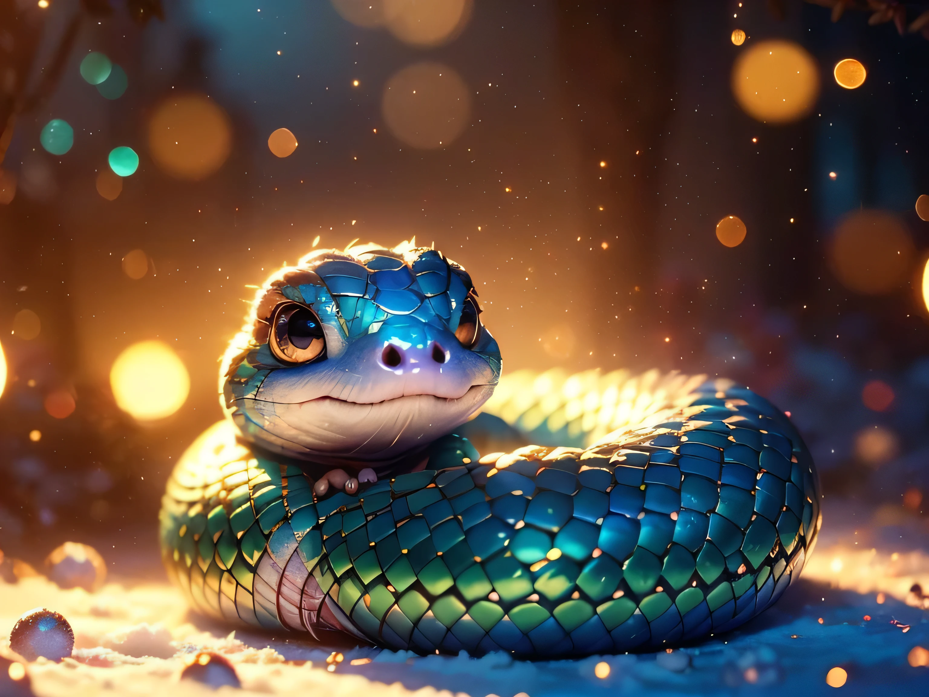 Magical Fantasy Creature, (Best Quality, Masterpiece, Representative Work, Official Art, Professional, Super Detailed, 8k:1.3), (Photorealism:1.2) Hyperrealistic fantasy art. Medium shot. Highly textured, hyperrealistic 3D render, Super Cute, A very cute little snake, curved in an "S" shape, with brightly colored scales. It wears a Santa hat on its head, giving it a playful and festive look. The snake sits on a snowy surface, its head raised, looking with delight at the sparkling fireworks exploding in the Christmas sky. The snake's eyes are large and full of admiration, reflecting the lights of the fireworks. in a bright and cheerful illustration style, with an emphasis on the cute features of the snake. rich and cheerful colors for the scales: a combination of green, red and white. The fireworks should be bright and varied, including gold and silver tones, creating a festive atmosphere. Convey a sense of joy and magic. The snake should look happy and excited, so that the viewer feels the atmosphere of the New Year holiday and magic. The background should be a night sky filled with bright fireworks that sparkle and develop in various shapes. Add snowdrifts and a few decorated Christmas trees to create a cozy and festive atmosphere. Soft focus with a soft volumetric glow. Gouves style artwork, Realism: 1.37, (super fine fantasy art), Masterpiece, high quality design and accurate physics, (super accurate fantasy style)) art, dark fantasy style)), super accurate design and accurate physics), color, depth of field, shadows, ray tracing, (accurate simulation of the interaction of light and materials)], intricate Christmas decorations, glowing garlands, sparkling ornaments, natural light, soft background, photorealistic, sparkling eyes, sharp focus, glowing skin, cute and mischievous look, hint of mischief, dreamy atmosphere, super glossy effect, fine details, soft ambient light, (Backlight: 1.3), (Cinematic: 1.2), intricate details, (ArtStation: 1.3)