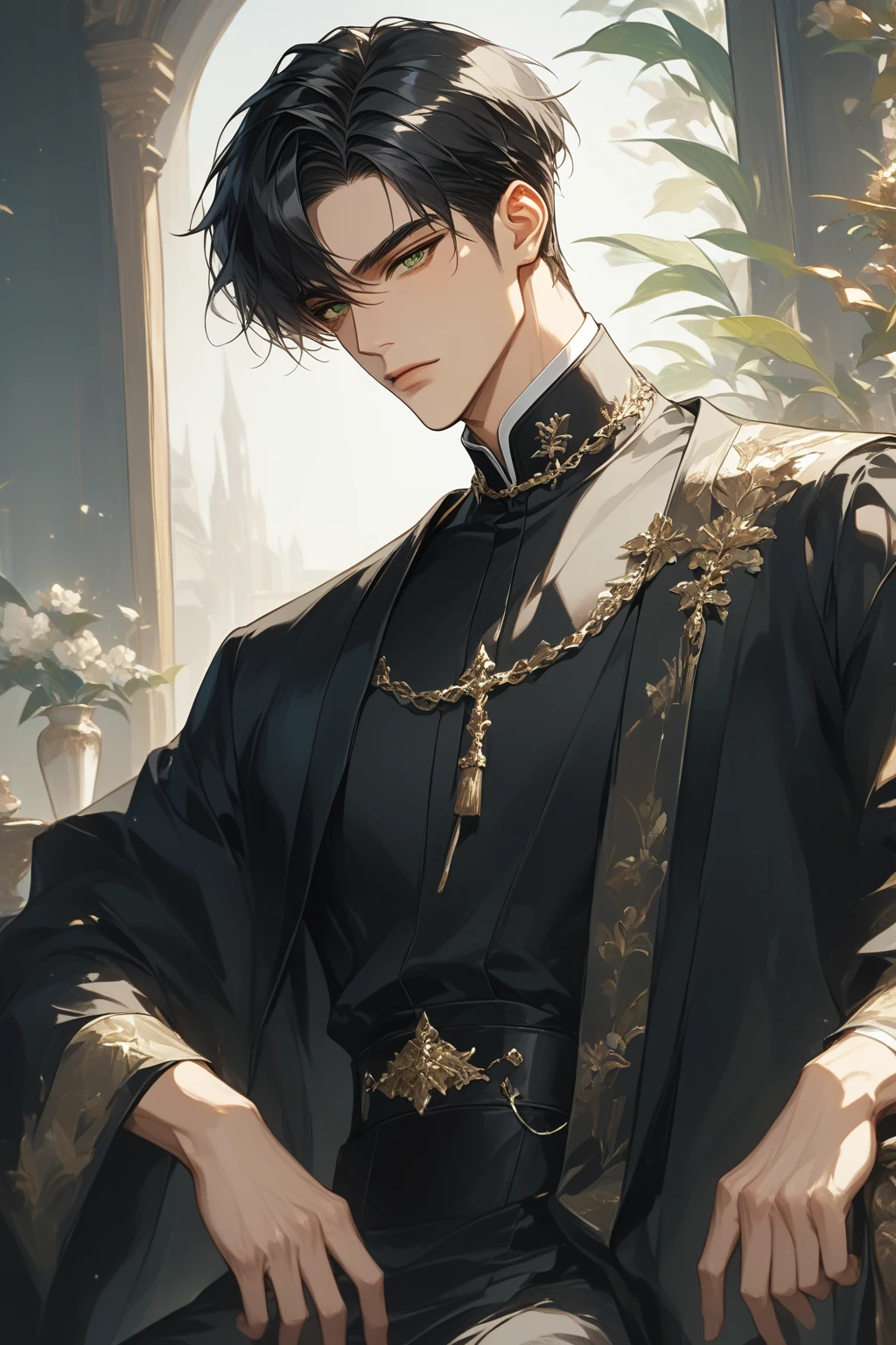 (score_9, score_8_up), short hair, masterpiece, best quality, 1 man , black hair , perfect face , green eye , handsome male , Alone, adult male , delicate line drawingimpasto, masterpiece, high resolution, Top quality, unique , 1 male , nice , tanned skin , black haired, black Cassock,