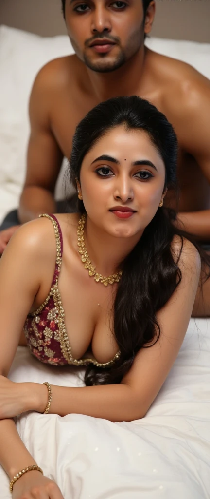 She's Indian wife, leaning on the bed, she's wearing a sexy bikni, camera angle top and wide shot, she's smiling at viewer, she's fully wet, mangala sutra on her neck, her face reaction is sexy and slutty, bright red lipstick, she's surrounded by two dark black skin muscle male people, , 