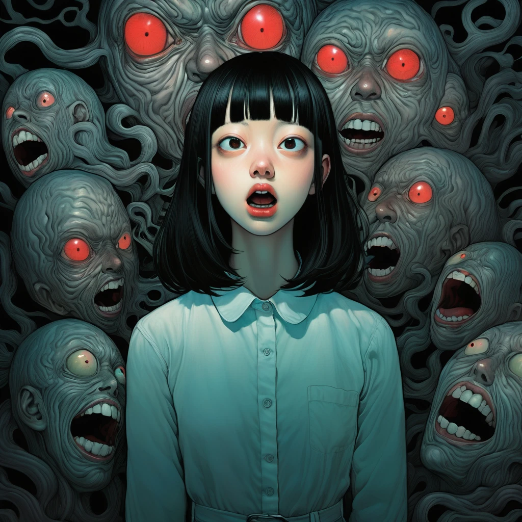 An illustration、art、Supervised by Junji Ito、Overaction、Overreaction、Pretending to be scared、Attention to detail, Realistic shadows、Analog Style, chromatic aberration, Surrealism