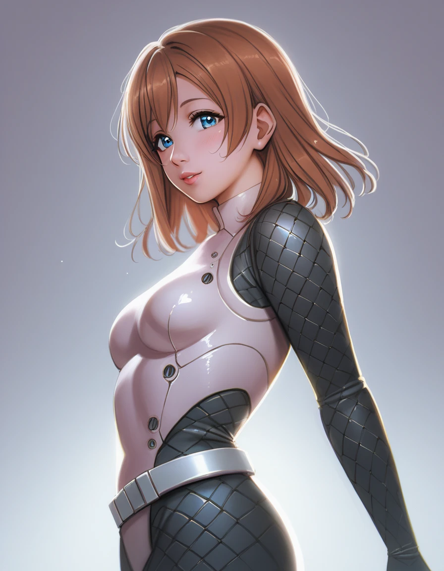 (Masterpiece, Best Quality, High Quality), anime style, love live, honoka kousaka, (blue eyes), brown hair, kousaka honoka, medium hair, 8k wallpaper,looking_at_viewer, perfect shadow, beautiful,cozy , p4l0m4, cowboy shot, scientific bodysuit,silver belt, from side , posing, sharp robotic breasts