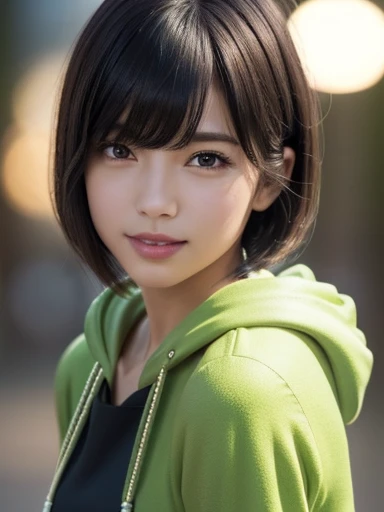 (8k, RAW Photos, highest quality, Tabletop:1.2), (Realistic, Photorealistic:1.4), (Highly detailed 8k wallpaper), Sharp focus, Depth of written boundary, Blur the background, bokeh, Cinema Lighting, Soft Light, (whole body), 1 girl,18 years old famous Japanese idol, Perfect female body, indoor, (Lime green hoodie and black micro mini skirt : 1.3), (Long, Slender legs), (smile), Glossy lips, Beautiful fine details,Natural Makeup, Shiny and smooth light brown short bob hair, Asymmetrical bangs, Shiny skin, Center image, High resolution, Attention to detail, Detailed hairstyle, Detailed face, Amazing Cinema Lighting, Octane Rendering, Vibrant,  Ultra-realistic, Perfect limbs, Perfect Anatomy