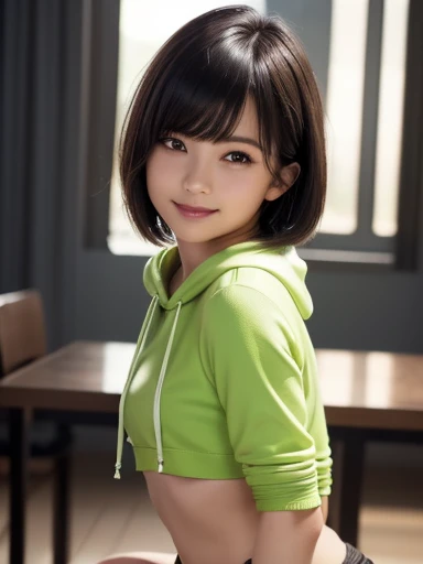 (8k, RAW Photos, highest quality, Tabletop:1.2), (Realistic, Photorealistic:1.4), (Highly detailed 8k wallpaper), Sharp focus, Depth of written boundary, Blur the background, bokeh, Cinema Lighting, Soft Light, (whole body), 1 girl,18 years old famous Japanese idol, Perfect female body, indoor, (Lime green hoodie and black micro mini skirt : 1.3), (Long, Slender legs), (smile), Glossy lips, Beautiful fine details,Natural Makeup, Shiny and smooth light brown short bob hair, Asymmetrical bangs, Shiny skin, Center image, High resolution, Attention to detail, Detailed hairstyle, Detailed face, Amazing Cinema Lighting, Octane Rendering, Vibrant,  Ultra-realistic, Perfect limbs, Perfect Anatomy