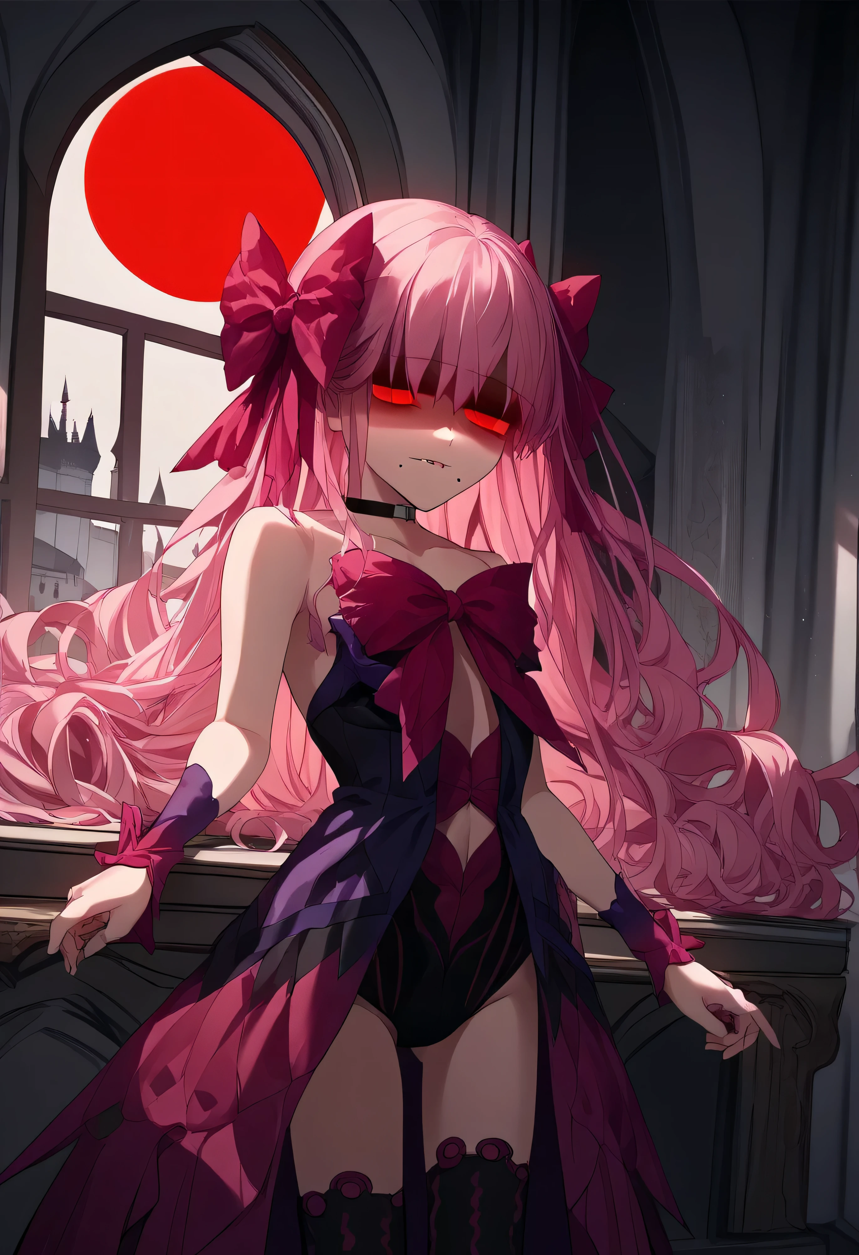 1girl, really long hair, pink hair, red eyes, mole under mouth, hair bow, choker, ribbon, leotard, center opening, bare shoulders, black thighhighs, wrist cuffs, laying, standing, cowboy shot, indoors, gothic, bedroom, castle, window, red moon score_9, score_8_up, score_7_up, score_6_up, score_5_up, score_4_up, BREAK source_anime, masterpiece,shaded face(eyes in shadow)