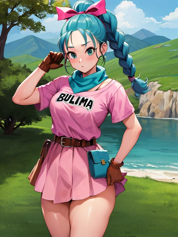 ​masterpiece, top-quality, hight resolution, dragon balls, blmpony, aqua hair, Hair Ribbon, braided ponytails, Pink shirt, a belt, scarf, Pink skirt, Writing on clothes, Brown gloves, medium chest, plein air, cowboy  shot, nsfw,white (panties)