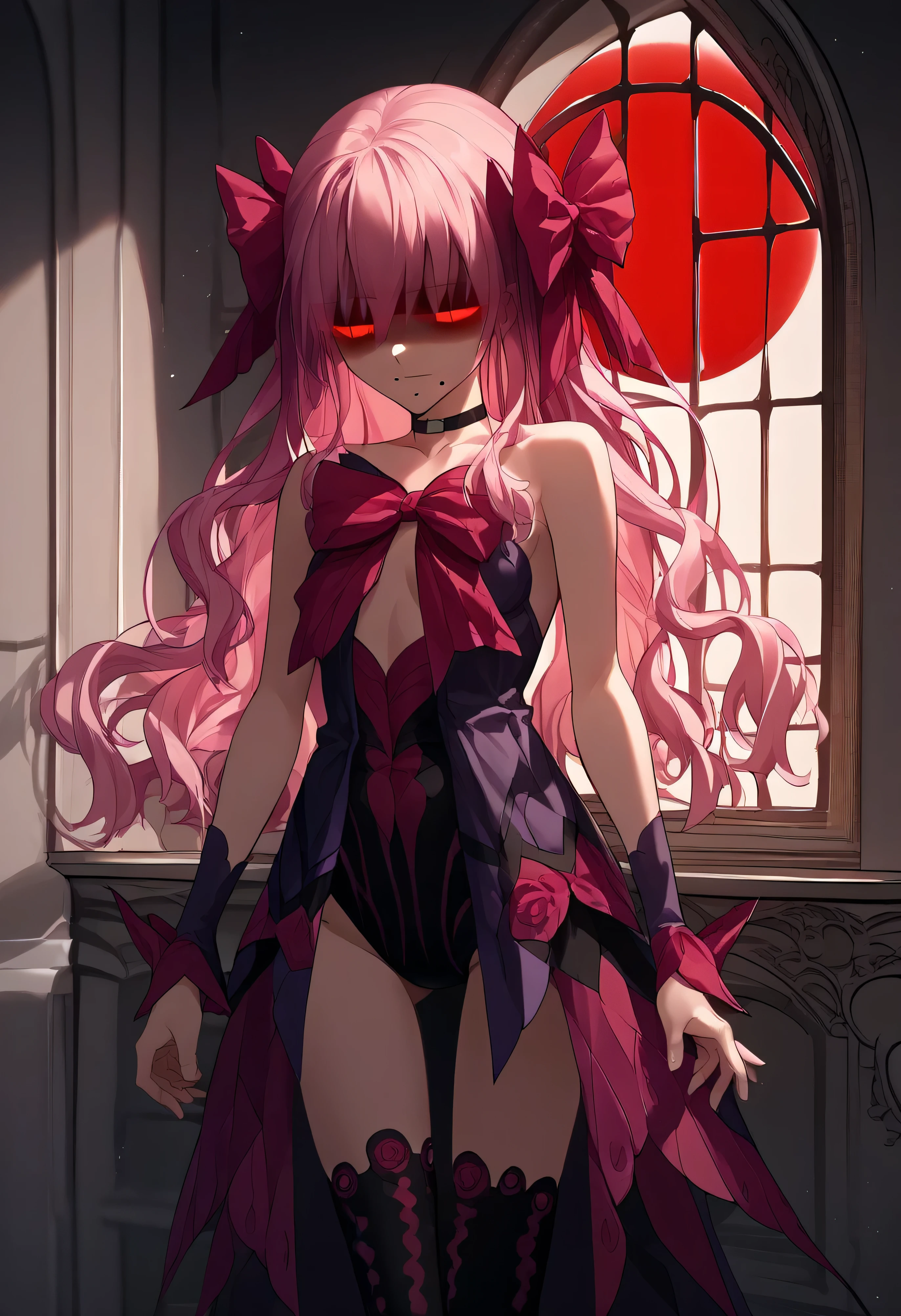 1girl, really long hair, pink hair, red eyes, mole under mouth, hair bow, choker, ribbon, leotard, center opening, bare shoulders, black thighhighs, wrist cuffs, laying, standing, cowboy shot, indoors, gothic, bedroom, castle, window, red moon score_9, score_8_up, score_7_up, score_6_up, score_5_up, score_4_up, BREAK source_anime, masterpiece,shaded face(eyes in shadow)