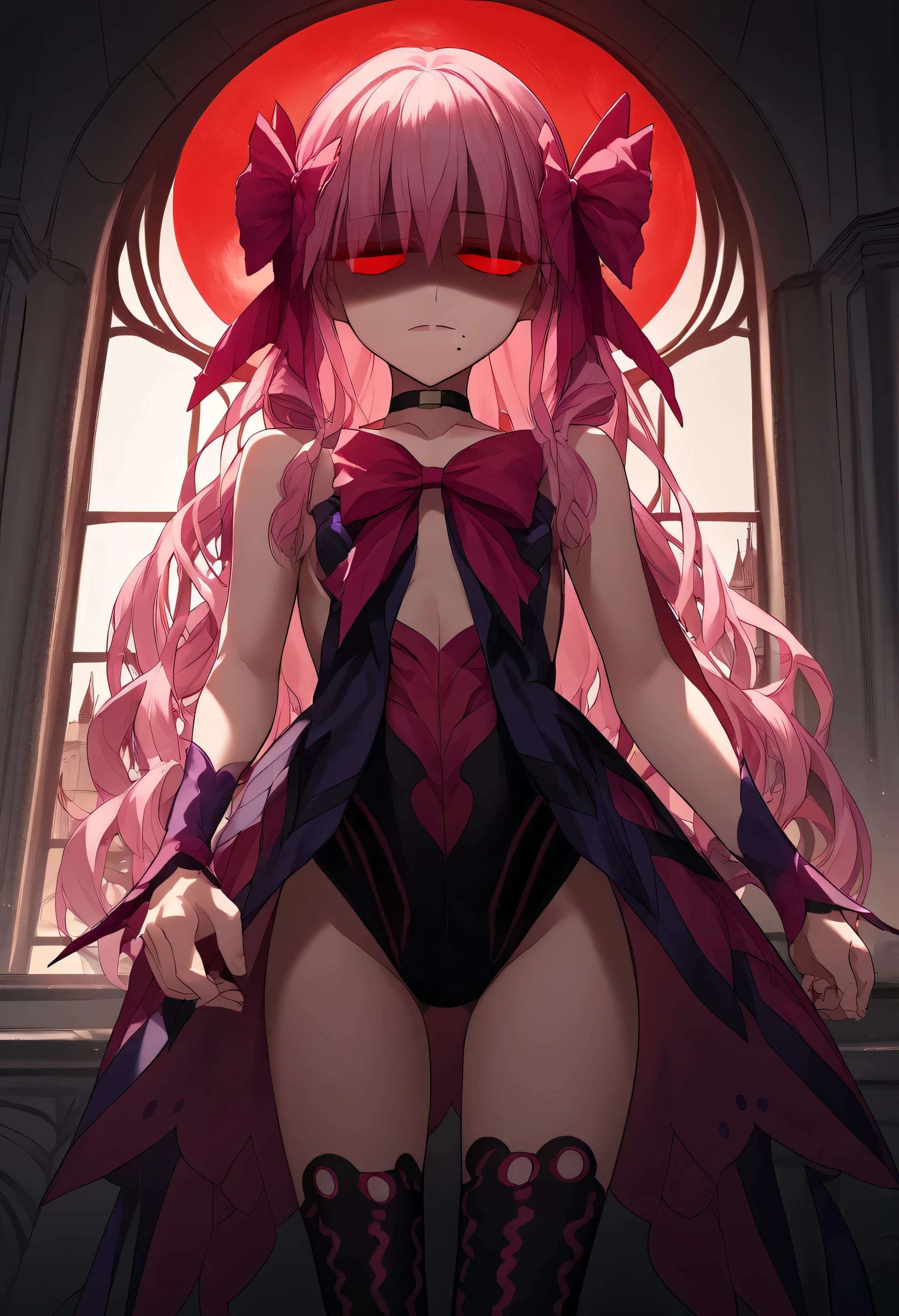 1girl, really long hair, pink hair, red eyes, mole under mouth, hair bow, choker, ribbon, leotard, center opening, bare shoulders, black thighhighs, wrist cuffs, laying, standing, cowboy shot, indoors, gothic, bedroom, castle, window, red moon score_9, score_8_up, score_7_up, score_6_up, score_5_up, score_4_up, BREAK source_anime, masterpiece,shaded face(eyes in shadow)