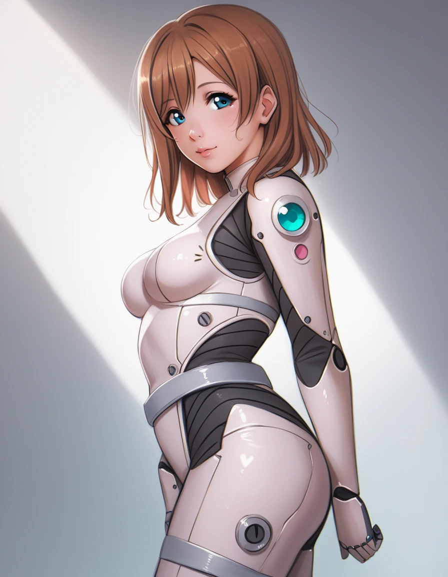 (Masterpiece, Best Quality, High Quality), anime style, love live, honoka kousaka, (blue eyes), brown hair, kousaka honoka, medium hair, 8k wallpaper,looking_at_viewer, perfect shadow, beautiful,cozy , p4l0m4, cowboy shot, scientific bodysuit,silver belt, from side , posing, sharp robotic breasts, thighs