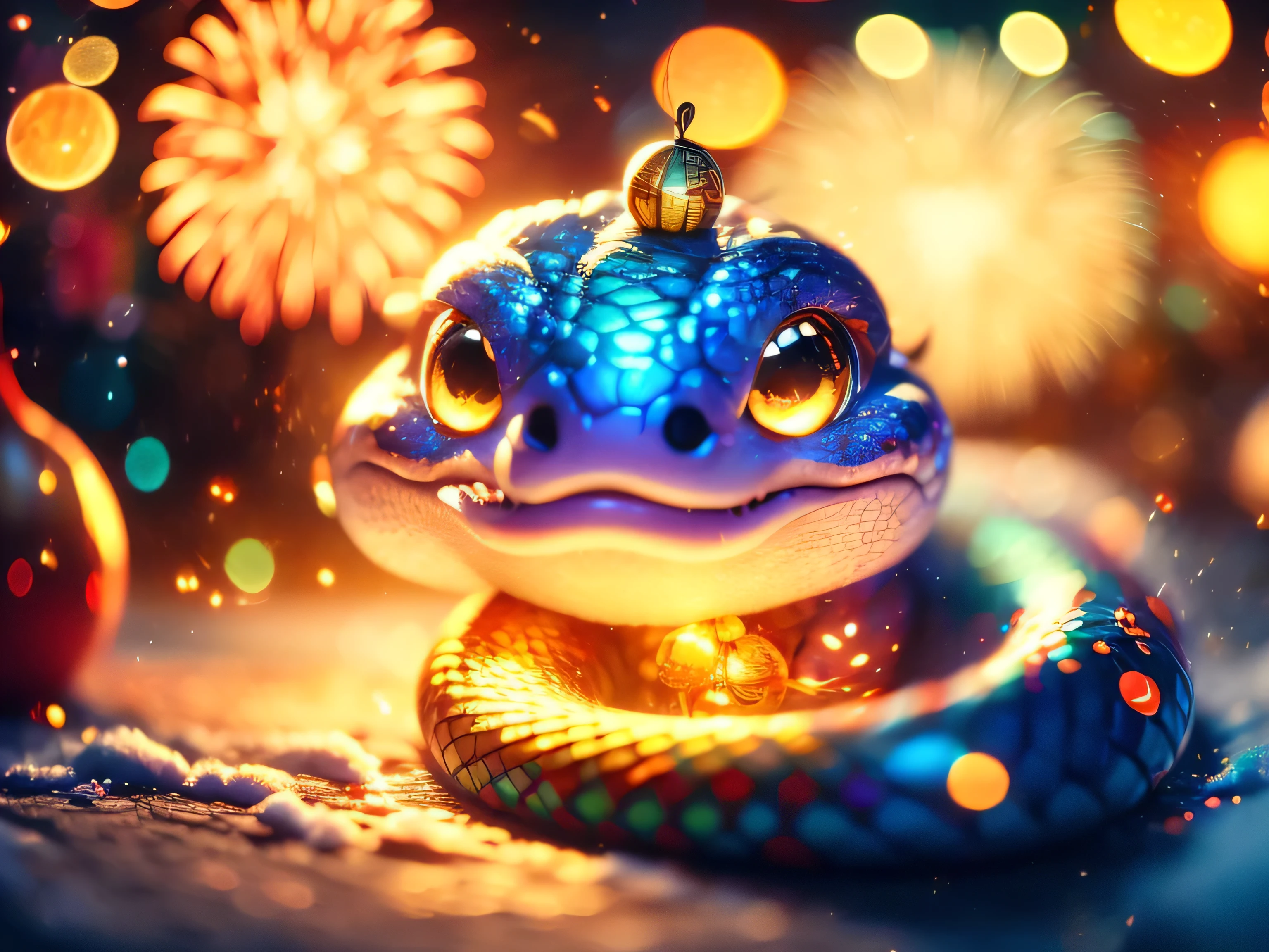 Magical Fantasy Creature, (Best Quality, Masterpiece, Representative Work, Official Art, Professional, Super Detailed, 8k:1.3), (Photorealism:1.2) Hyperrealistic fantasy art. Medium shot. Highly textured, hyperrealistic 3D render, Super Cute, A very cute little snake, curved in an "S" shape, with brightly colored scales. It wears a Santa hat on its head, giving it a playful and festive look. The snake sits on a snowy surface, its head raised, looking with delight at the sparkling fireworks exploding in the Christmas sky. The snake's eyes are large and full of admiration, reflecting the lights of the fireworks. in a bright and cheerful illustration style, with an emphasis on the cute features of the snake. rich and cheerful colors for the scales: a combination of green, red and white. The fireworks should be bright and varied, including gold and silver tones, creating a festive atmosphere. Convey a sense of joy and magic. The snake should look happy and excited, so that the viewer feels the atmosphere of the New Year holiday and magic. The background should be a night sky filled with bright fireworks that sparkle and develop in various shapes. Add snowdrifts and a few decorated Christmas trees to create a cozy and festive atmosphere. Soft focus with a soft volumetric glow. Gouves style artwork, Realism: 1.37, (super fine fantasy art), Masterpiece, high quality design and accurate physics, (super accurate fantasy style)) art, dark fantasy style)), super accurate design and accurate physics), color, depth of field, shadows, ray tracing, (accurate simulation of the interaction of light and materials)], intricate Christmas decorations, glowing garlands, sparkling ornaments, natural light, soft background, photorealistic, sparkling eyes, sharp focus, glowing skin, cute and mischievous look, hint of mischief, dreamy atmosphere, super glossy effect, fine details, soft ambient light, (Backlight: 1.3), (Cinematic: 1.2), intricate details, (ArtStation: 1.3)