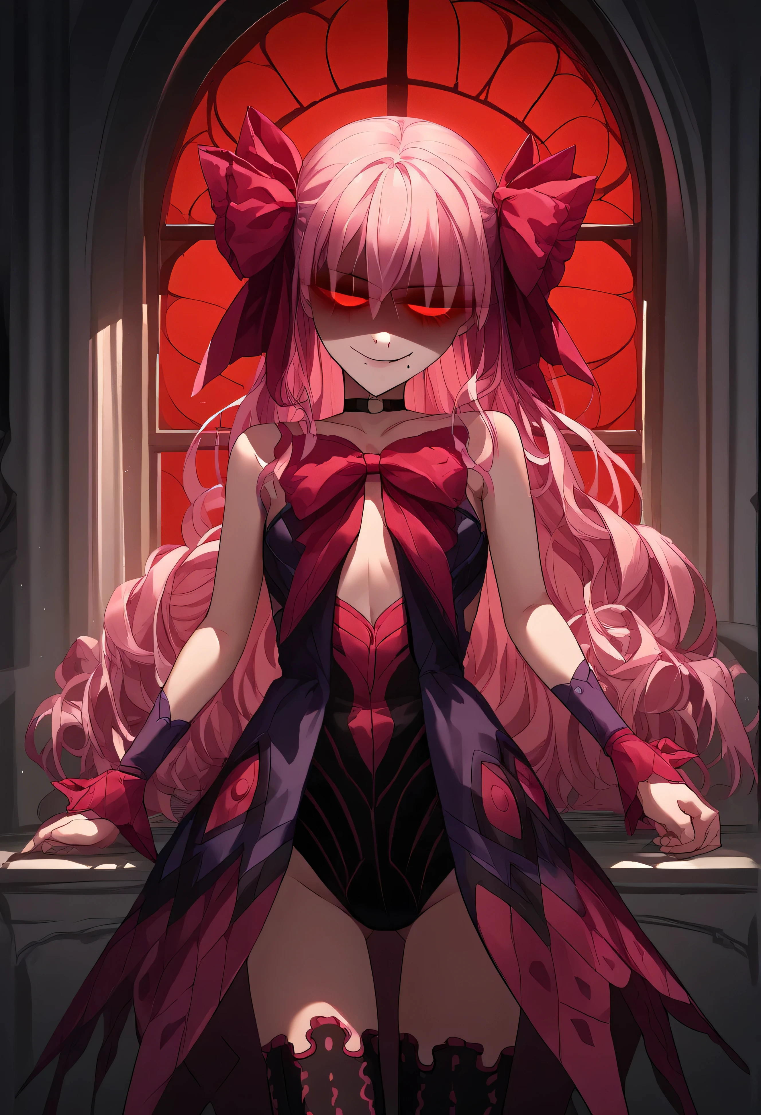 1girl, really long hair, pink hair, red eyes, mole under mouth, hair bow, choker, ribbon, leotard, center opening, bare shoulders, black thighhighs, wrist cuffs, laying, standing, cowboy shot, indoors, gothic, bedroom, castle, window, red moon score_9, score_8_up, score_7_up, score_6_up, score_5_up, score_4_up, BREAK source_anime, masterpiece,shaded face(eyes in shadow),very evil smirk, 