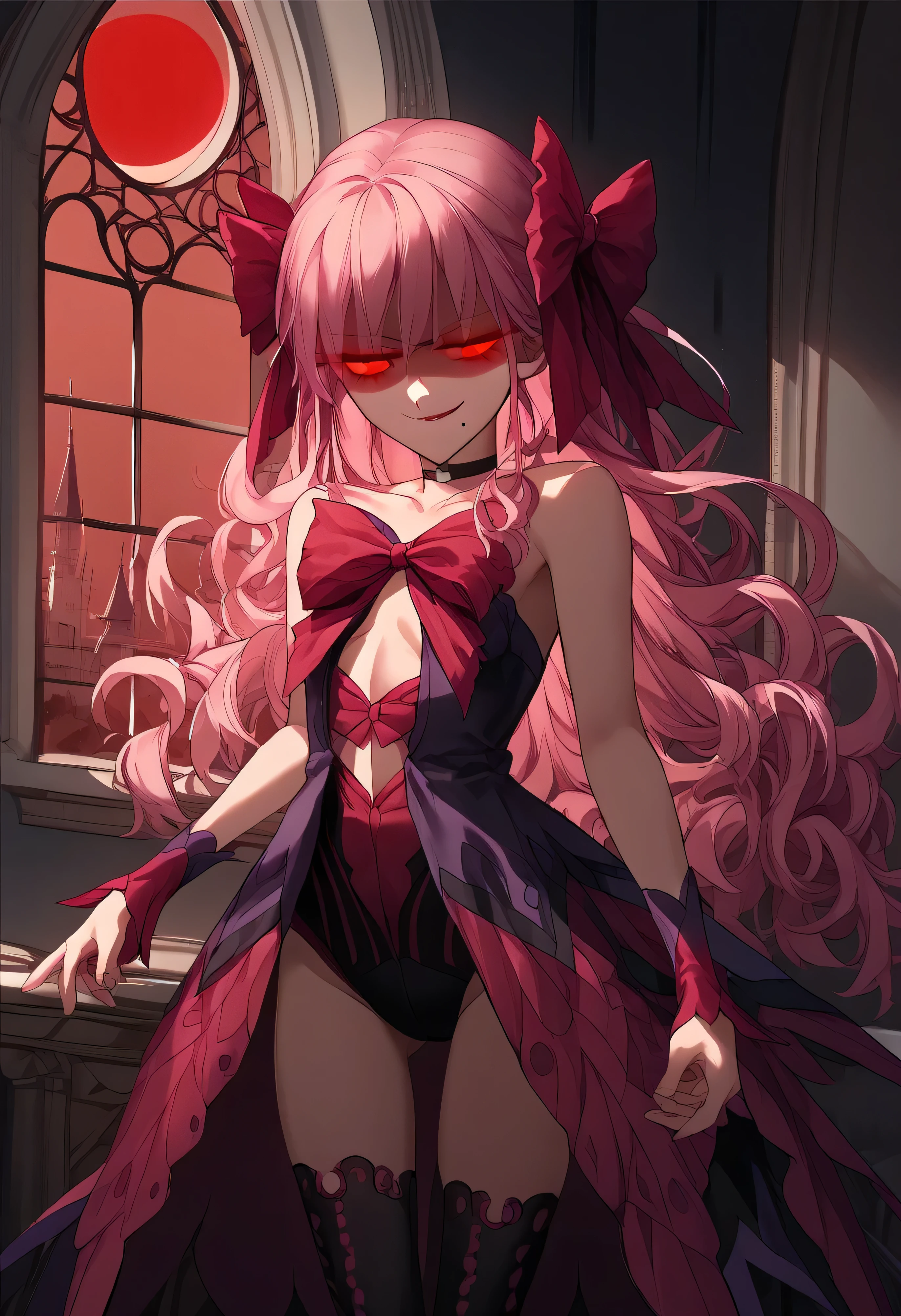 1girl, really long hair, pink hair, red eyes, mole under mouth, hair bow, choker, ribbon, leotard, center opening, bare shoulders, black thighhighs, wrist cuffs, laying, standing, cowboy shot, indoors, gothic, bedroom, castle, window, red moon score_9, score_8_up, score_7_up, score_6_up, score_5_up, score_4_up, BREAK source_anime, masterpiece,shaded face(eyes in shadow),very evil smirk, 